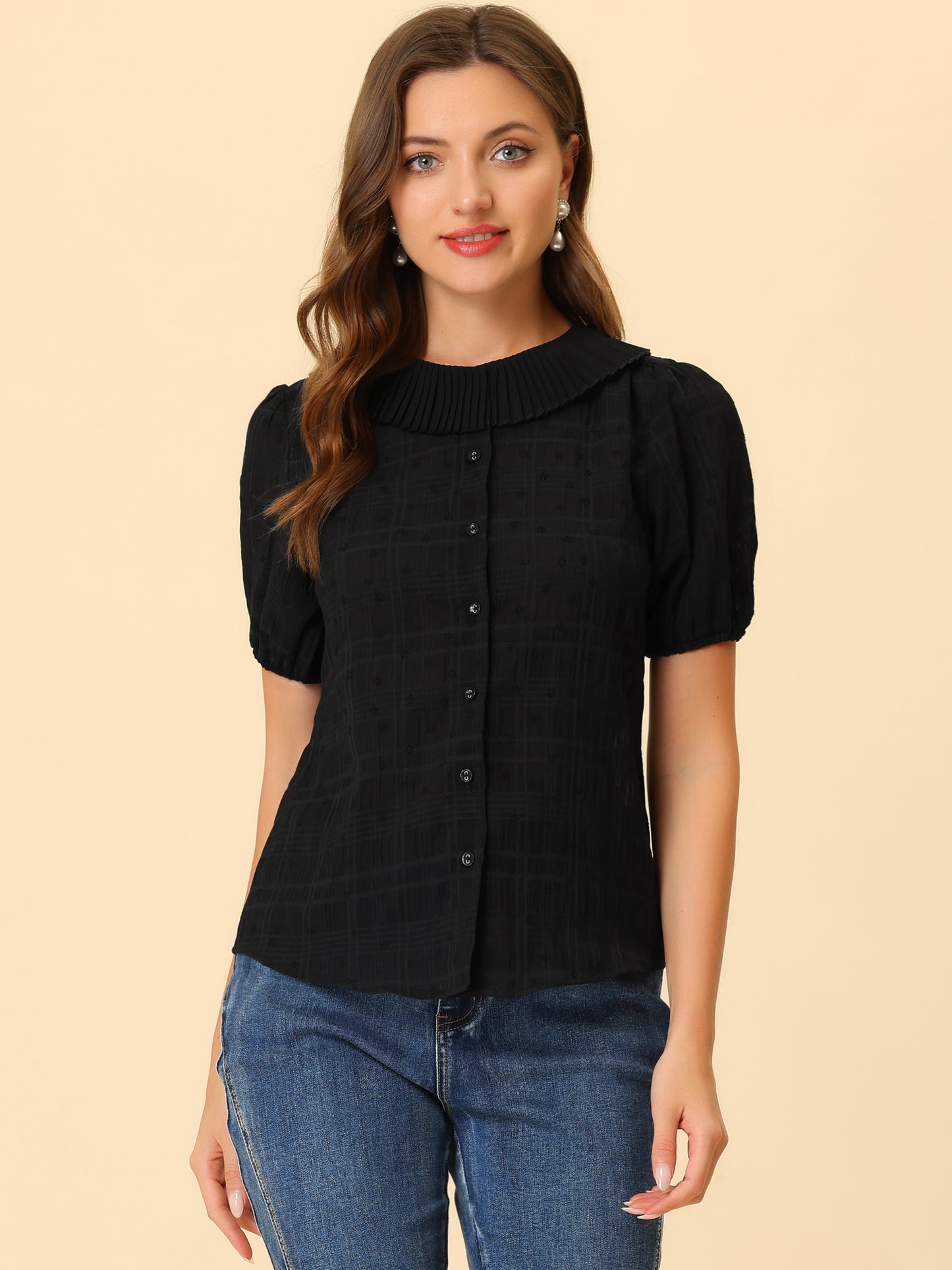 Women's Button Down Short Sleeve Pleated Collar Casual Daily Floral Blouse Shirt