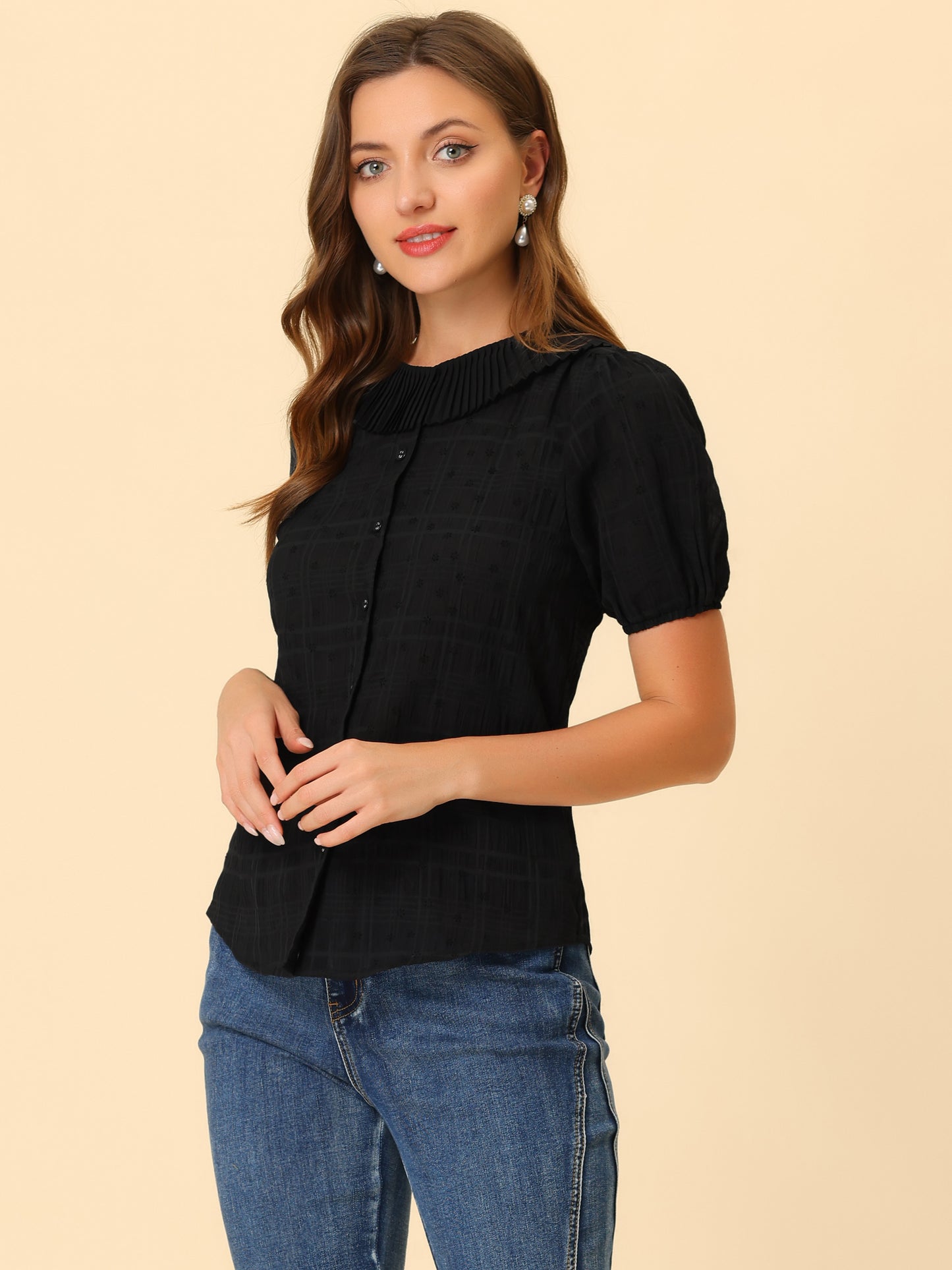 Women's Button Down Short Sleeve Pleated Collar Casual Daily Floral Blouse Shirt