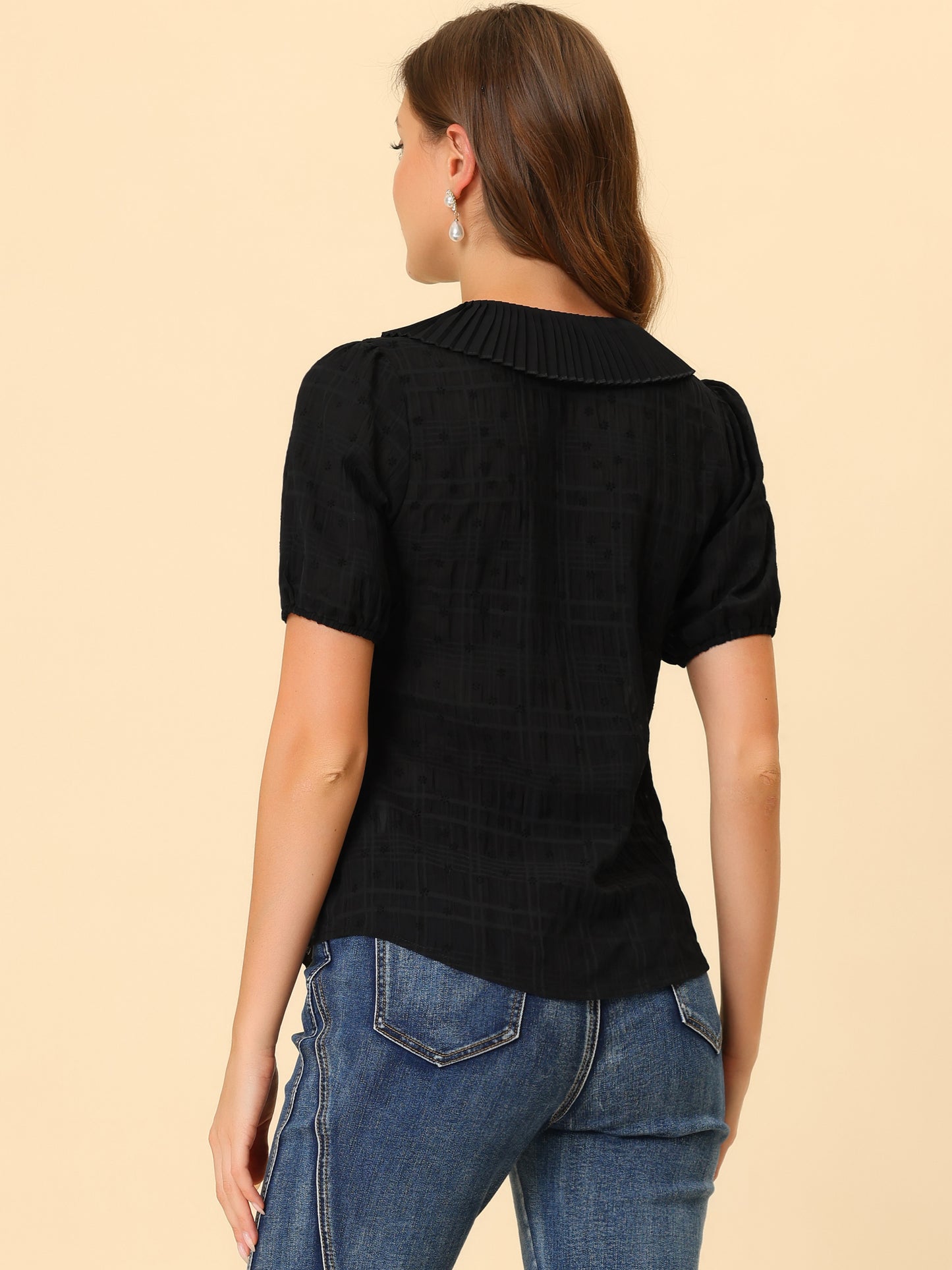 Women's Button Down Short Sleeve Pleated Collar Casual Daily Floral Blouse Shirt