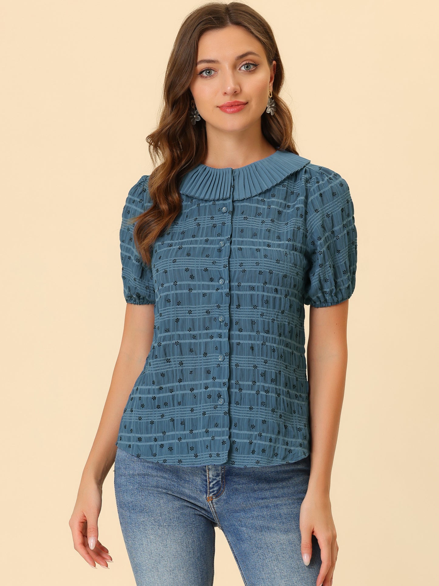 Blusa informal de manga corta con botones y cuello plisado para mujer, estilo diario, con estampado floral