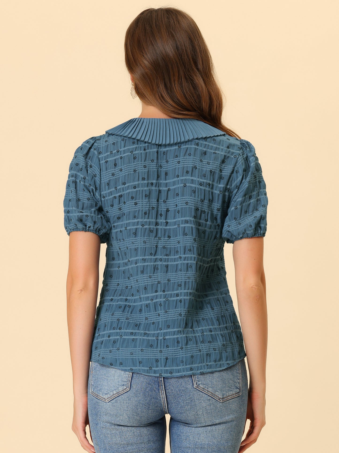 Blusa informal de manga corta con botones y cuello plisado para mujer, estilo diario, con estampado floral