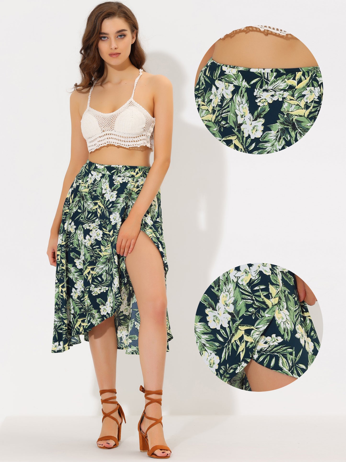 Falda midi cruzada con estampado floral bohemio de playa tropical para mujer