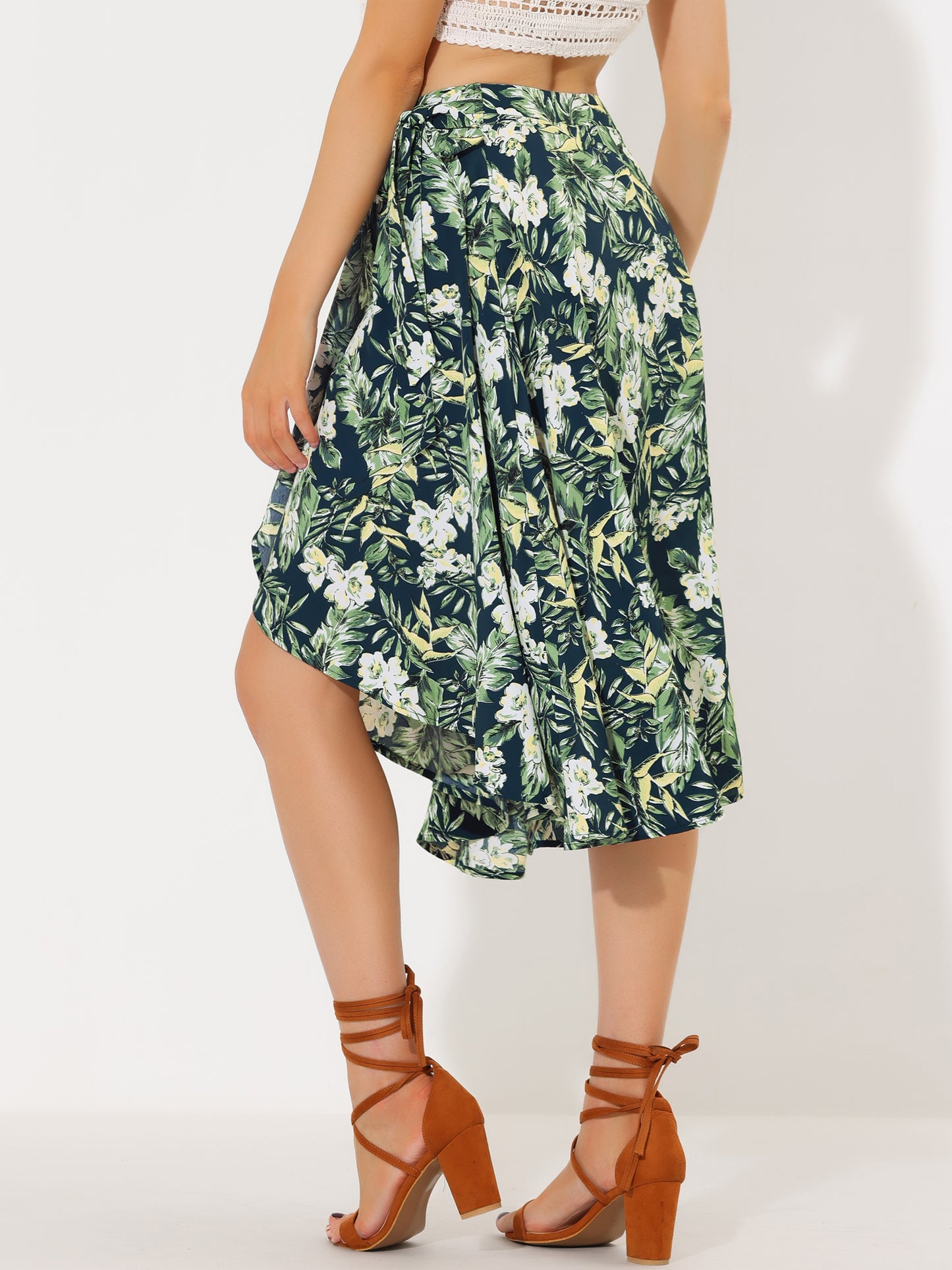 Falda midi cruzada con estampado floral bohemio de playa tropical para mujer