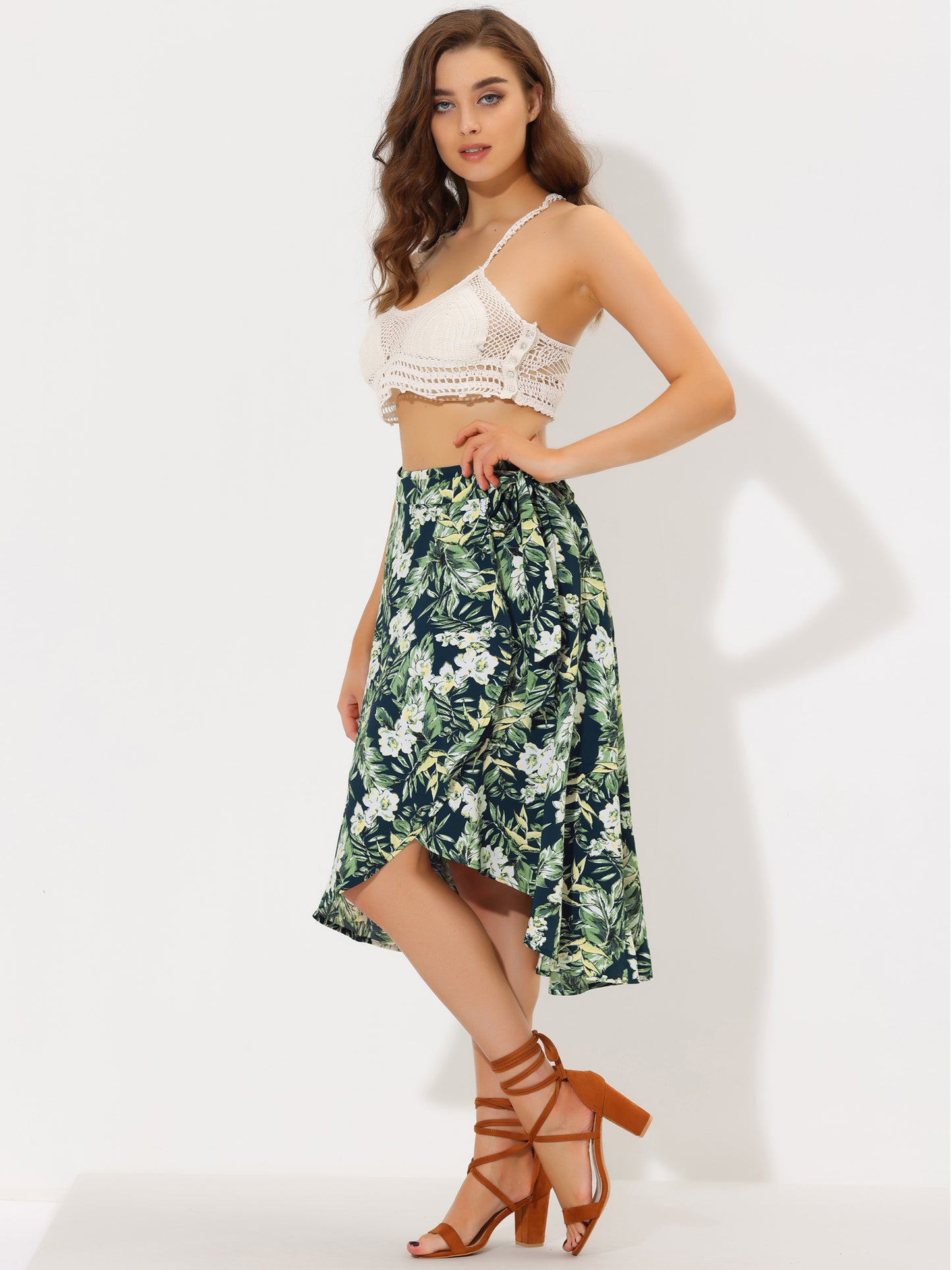 Falda midi cruzada con estampado floral bohemio de playa tropical para mujer
