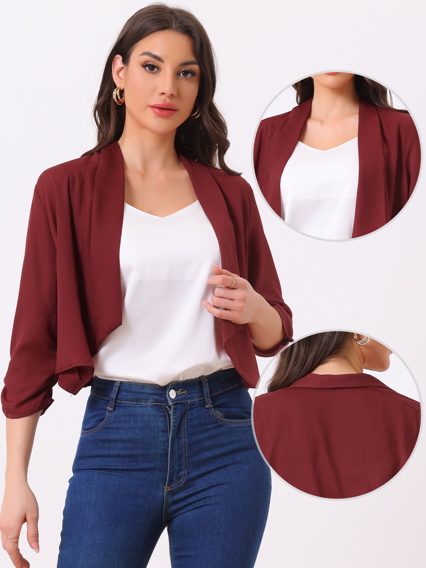 Chaqueta tipo bolero de gasa de verano para mujer, con mangas fruncidas 3/4 y solapa chal, fina, ligera y abierta al frente.