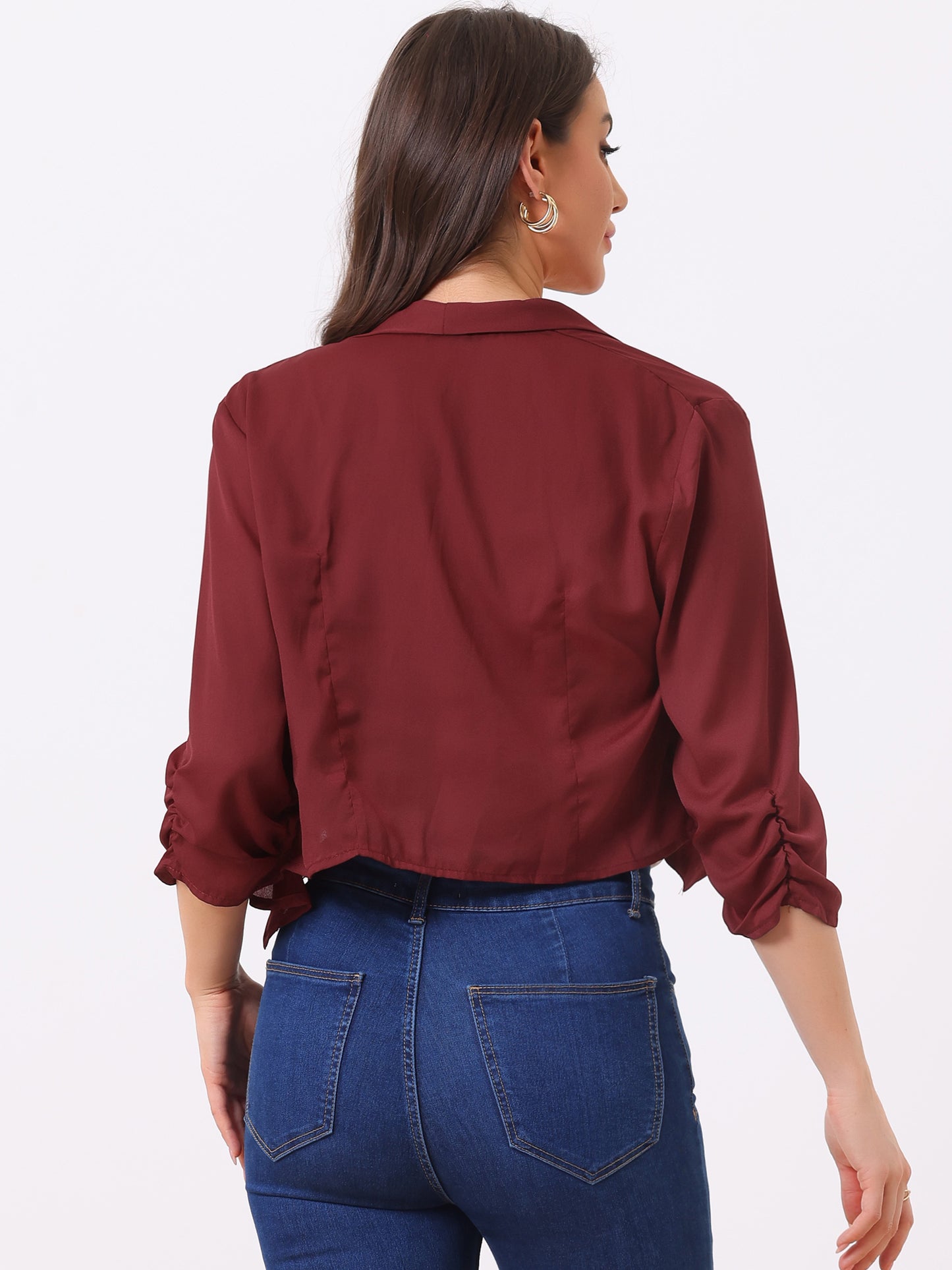 Chaqueta tipo bolero de gasa de verano para mujer, con mangas fruncidas 3/4 y solapa chal, fina, ligera y abierta al frente.