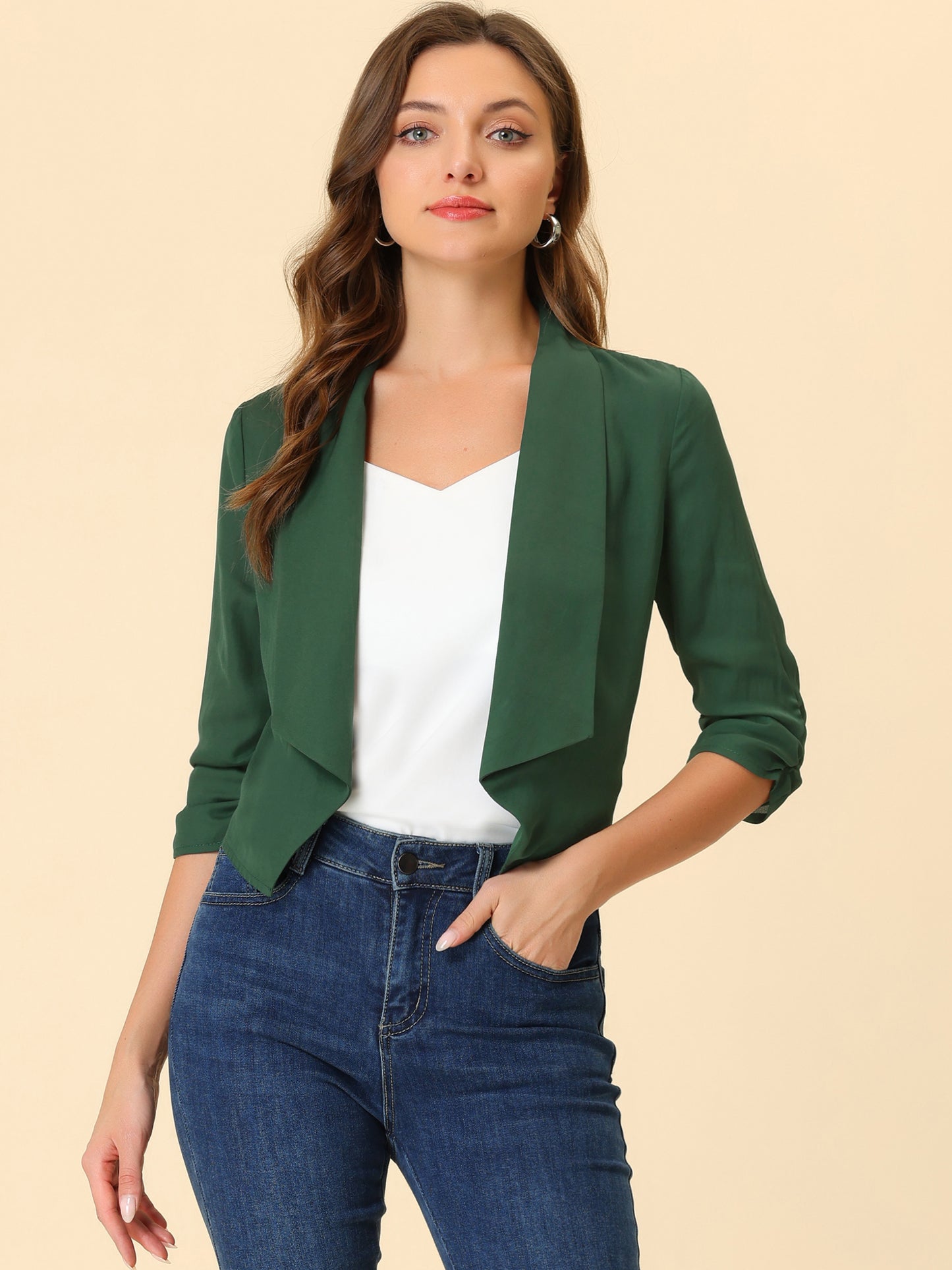 Chaqueta tipo bolero de gasa de verano para mujer, con mangas fruncidas 3/4 y solapa chal, fina, ligera y abierta al frente.
