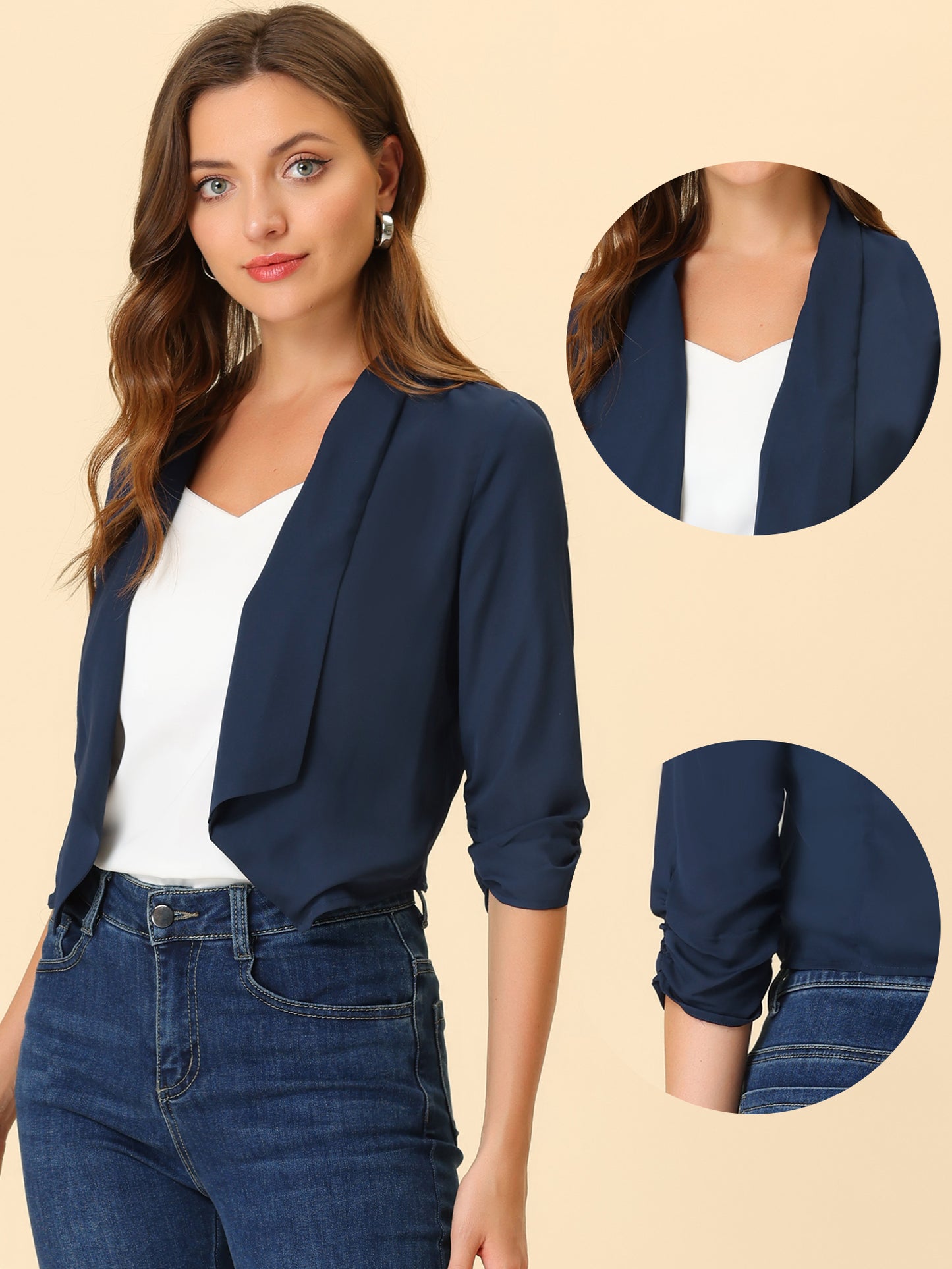 Chaqueta tipo bolero de gasa de verano para mujer, con mangas fruncidas 3/4 y solapa chal, fina, ligera, con abertura frontal