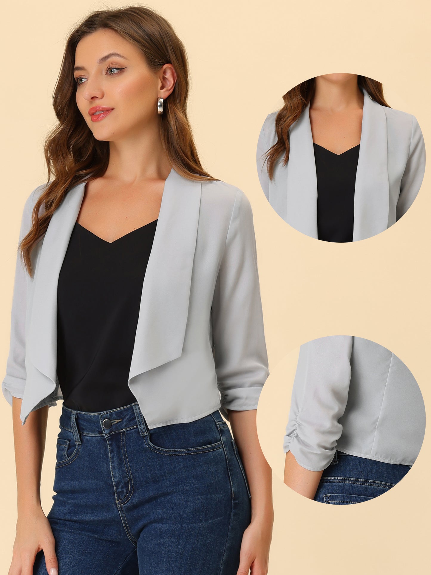 Chaqueta tipo bolero de gasa de verano para mujer, con mangas fruncidas 3/4 y solapa chal, fina, ligera y abierta al frente.