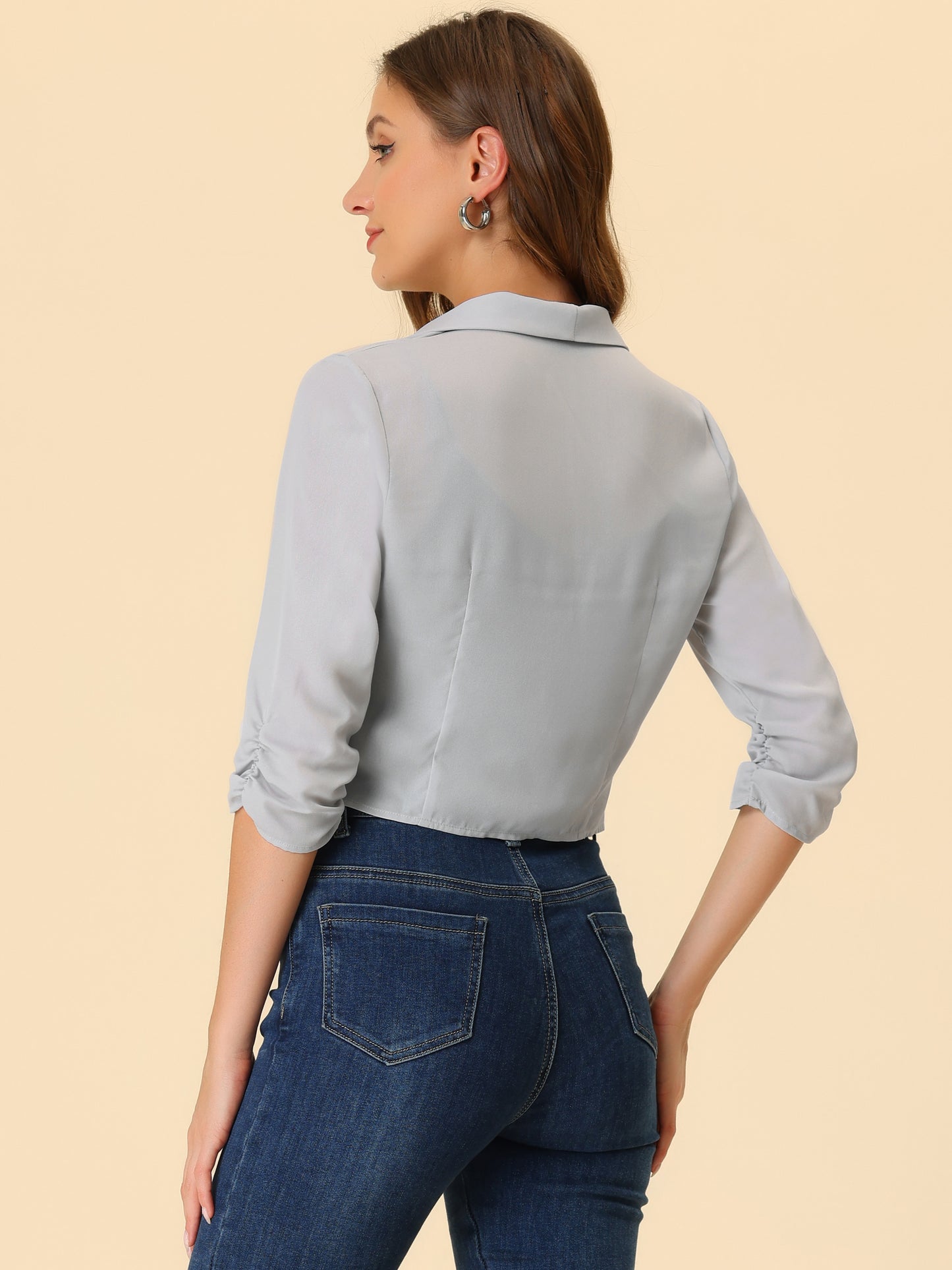 Chaqueta tipo bolero de gasa de verano para mujer, con mangas fruncidas 3/4 y solapa chal, fina, ligera y abierta al frente.