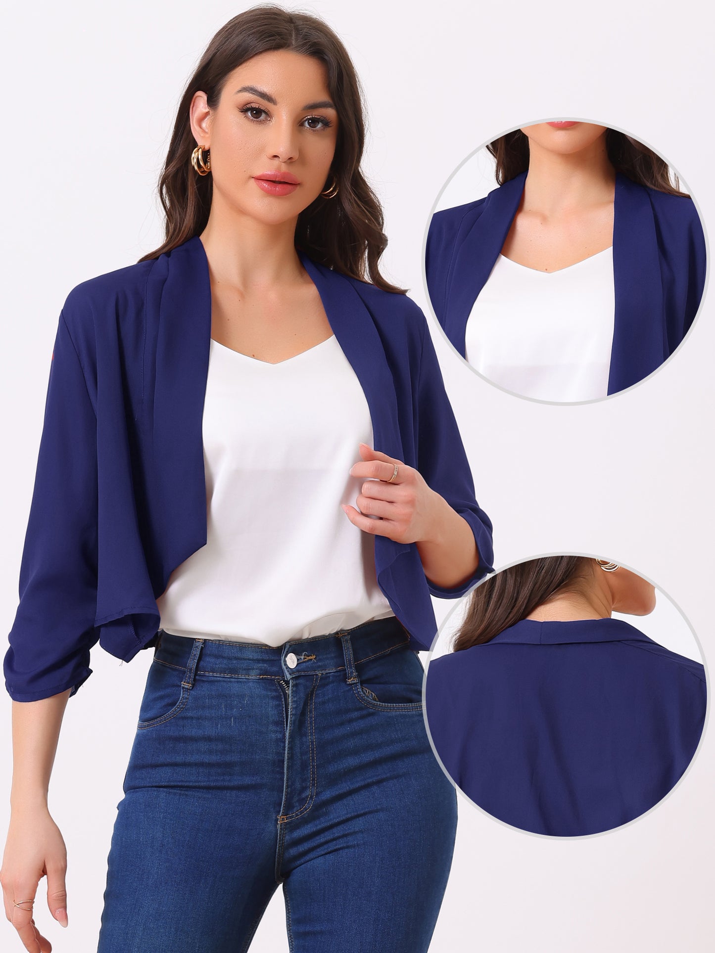 Chaqueta tipo bolero de gasa de verano para mujer, con mangas fruncidas 3/4 y solapa chal, fina, ligera y abierta al frente.