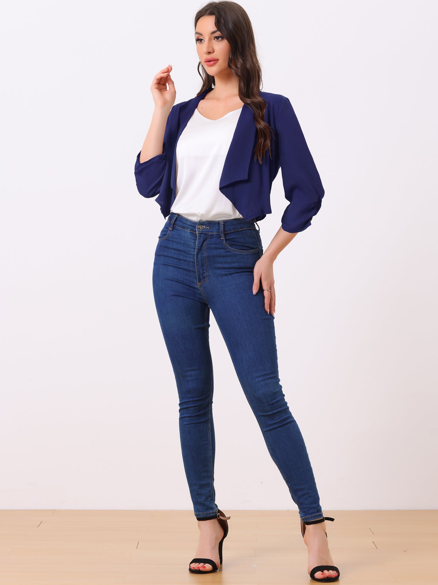 Chaqueta tipo bolero de gasa de verano para mujer, con mangas fruncidas 3/4 y solapa chal, fina, ligera y abierta al frente.