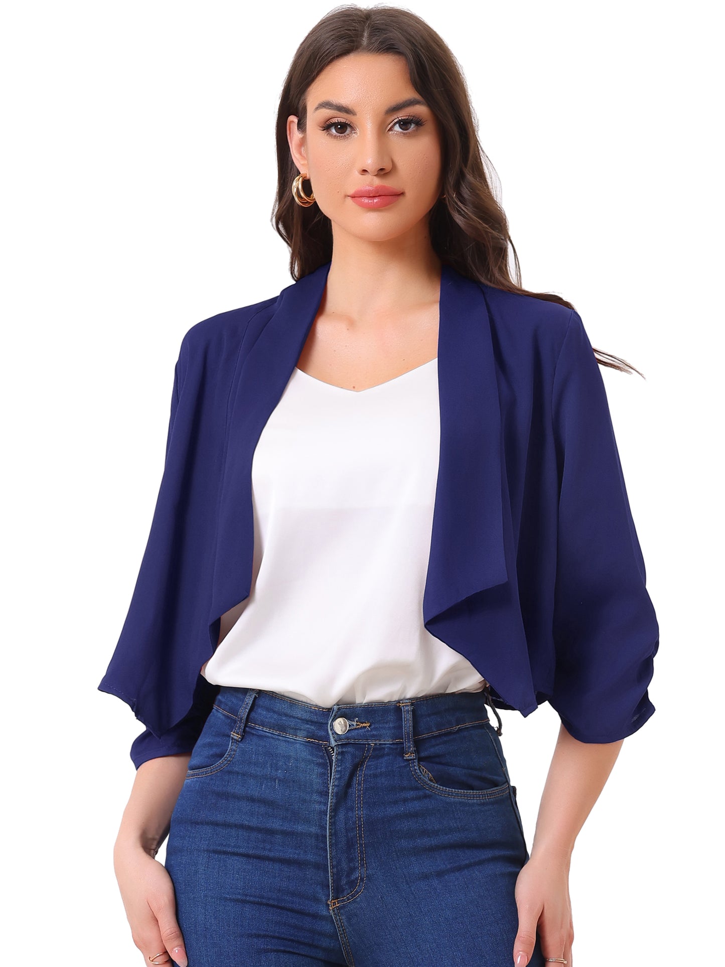 Chaqueta tipo bolero de gasa de verano para mujer, con mangas fruncidas 3/4 y solapa chal, fina, ligera y abierta al frente.