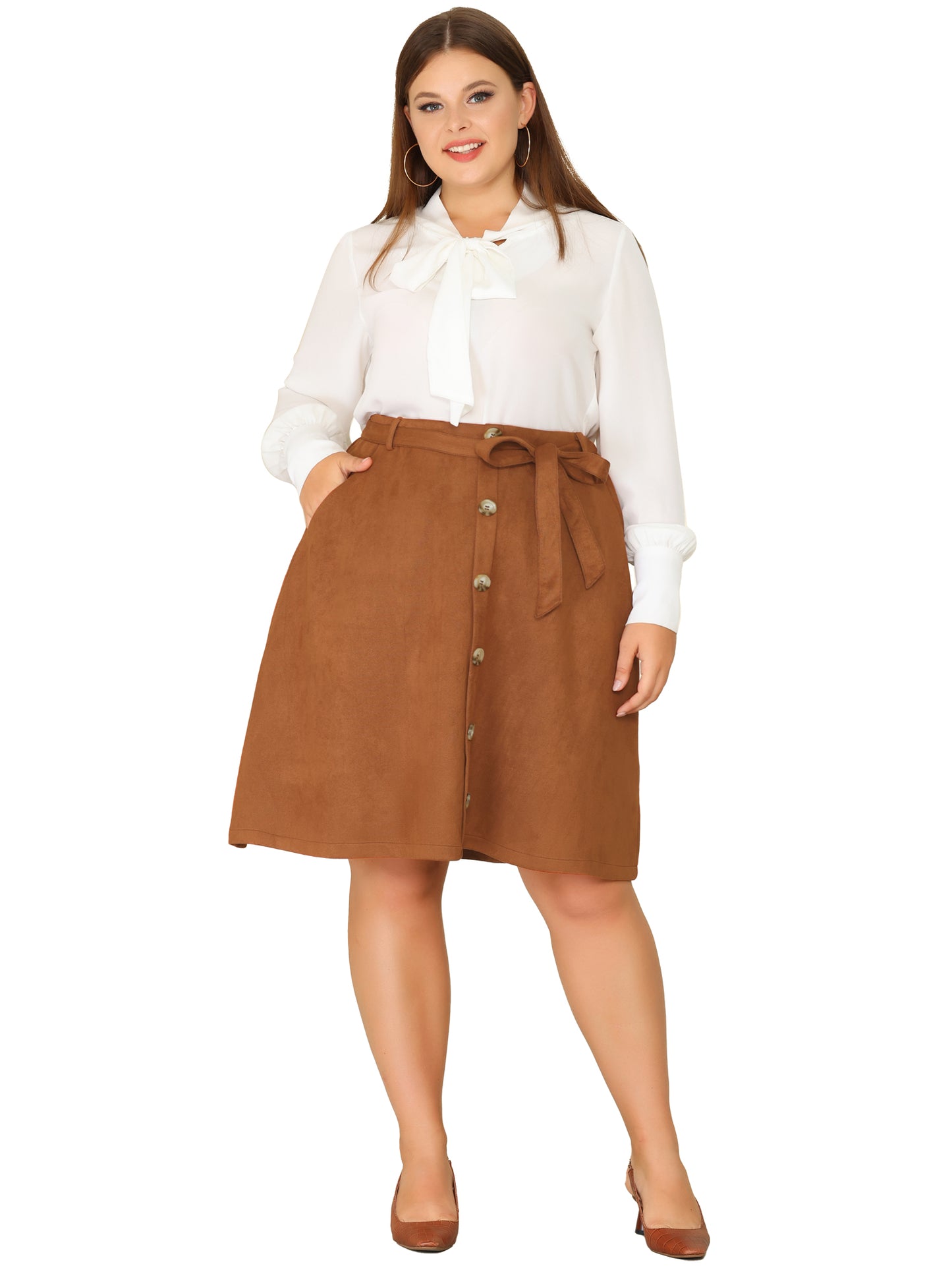 Falda midi de ante sintético de talla grande para mujer, cintura elástica, corte A