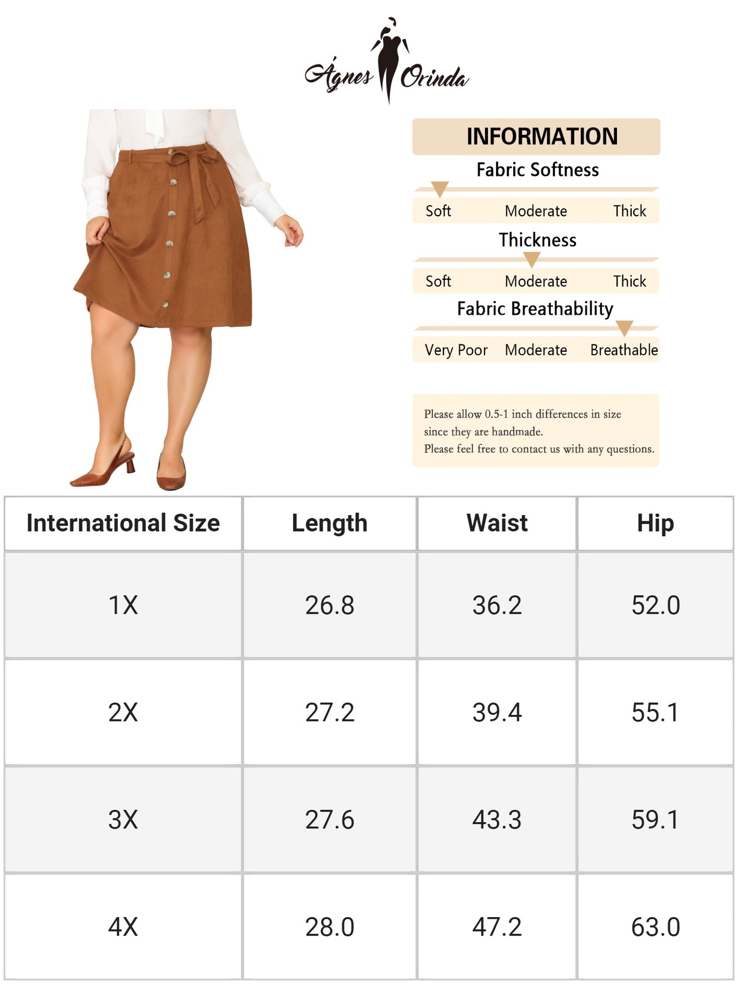 Women Plus Size Faux Suede Elastic Waist Stretch A-Line Midi Skirt