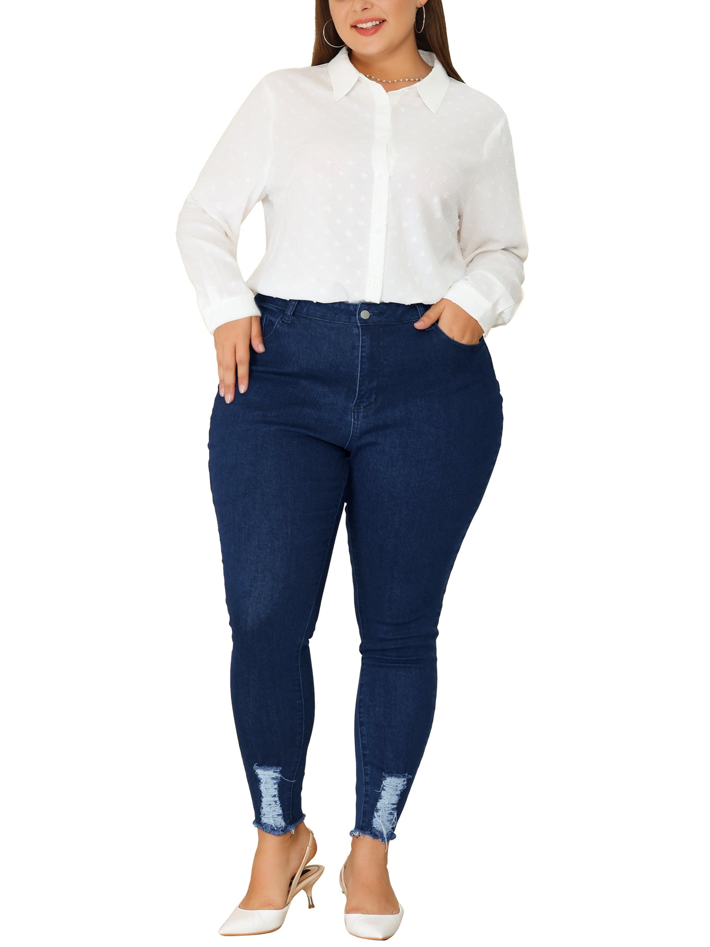 Women Plus Size Denim Jean Ripped Mid Rise Stretch Washed Skinny Jeans