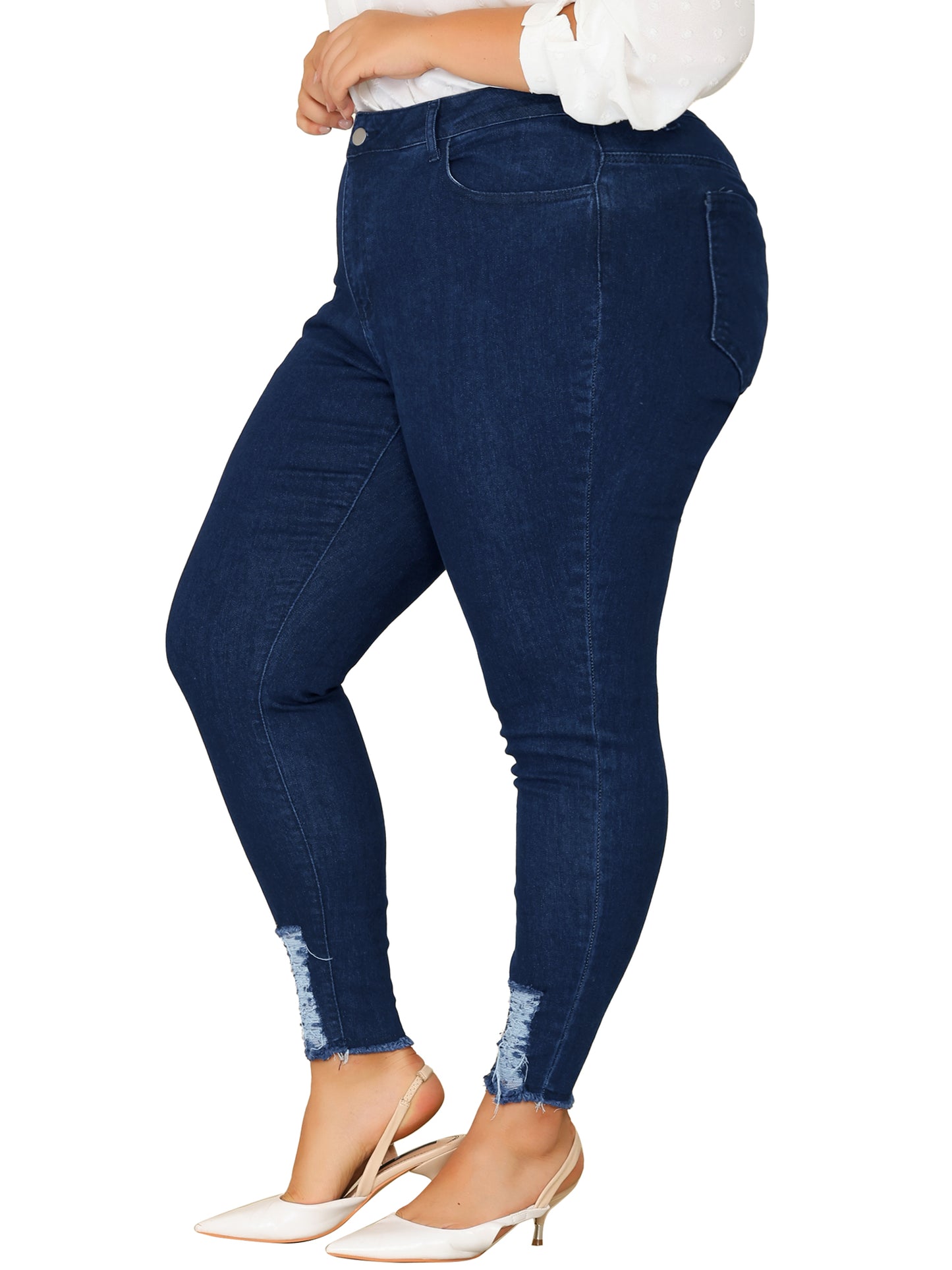 Women Plus Size Denim Jean Ripped Mid Rise Stretch Washed Skinny Jeans