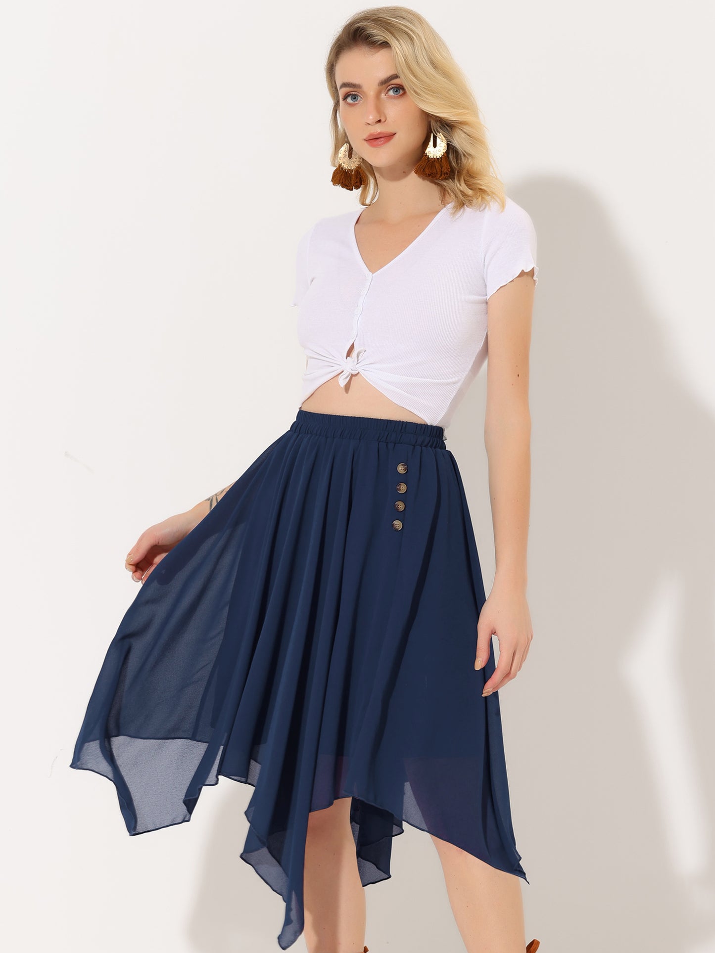 Falda midi de gasa con cintura elástica y dobladillo asimétrico para mujer, estilo vintage, estilo pañuelo