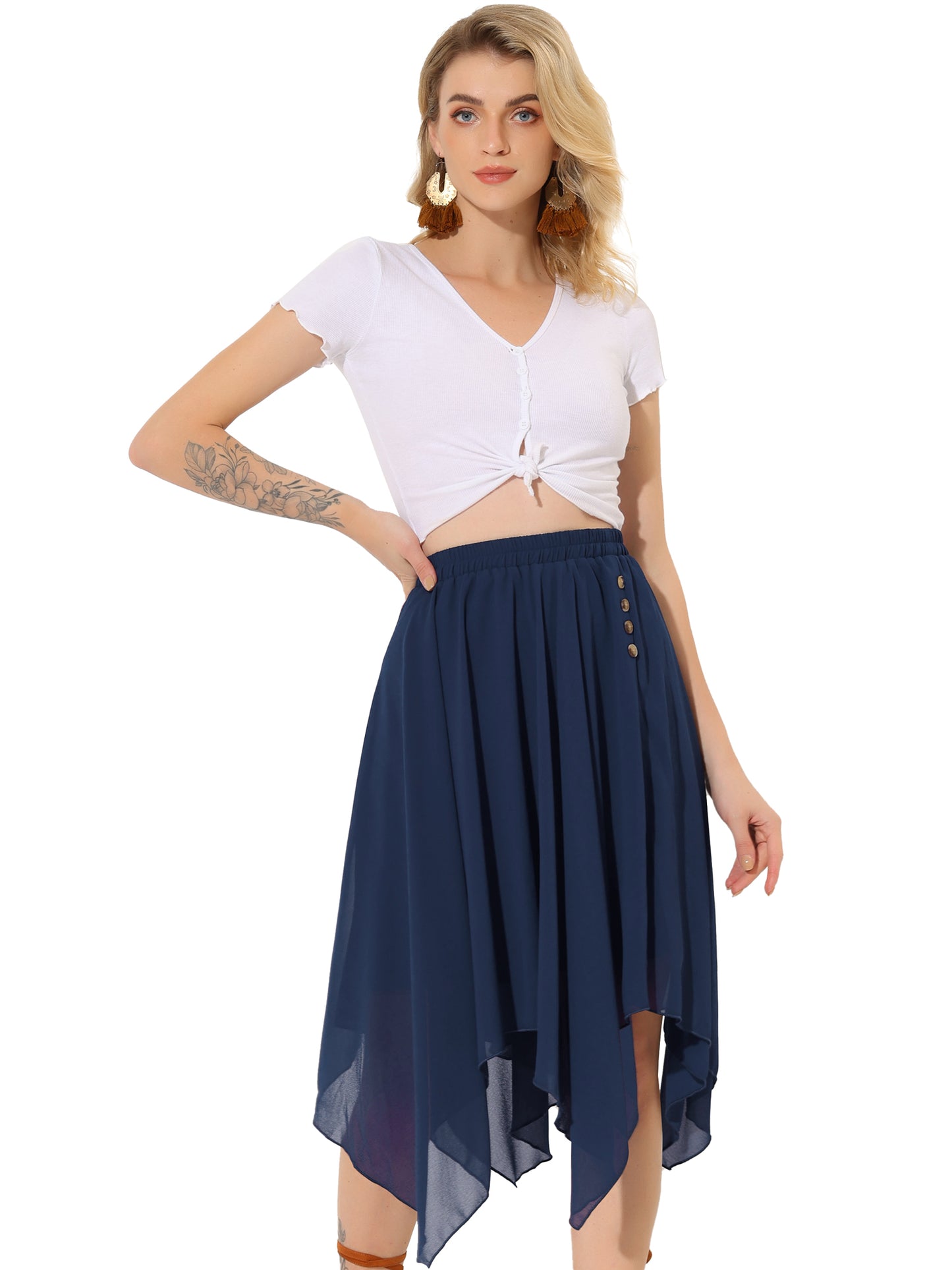Falda midi de gasa con cintura elástica y dobladillo asimétrico para mujer, estilo vintage, estilo pañuelo