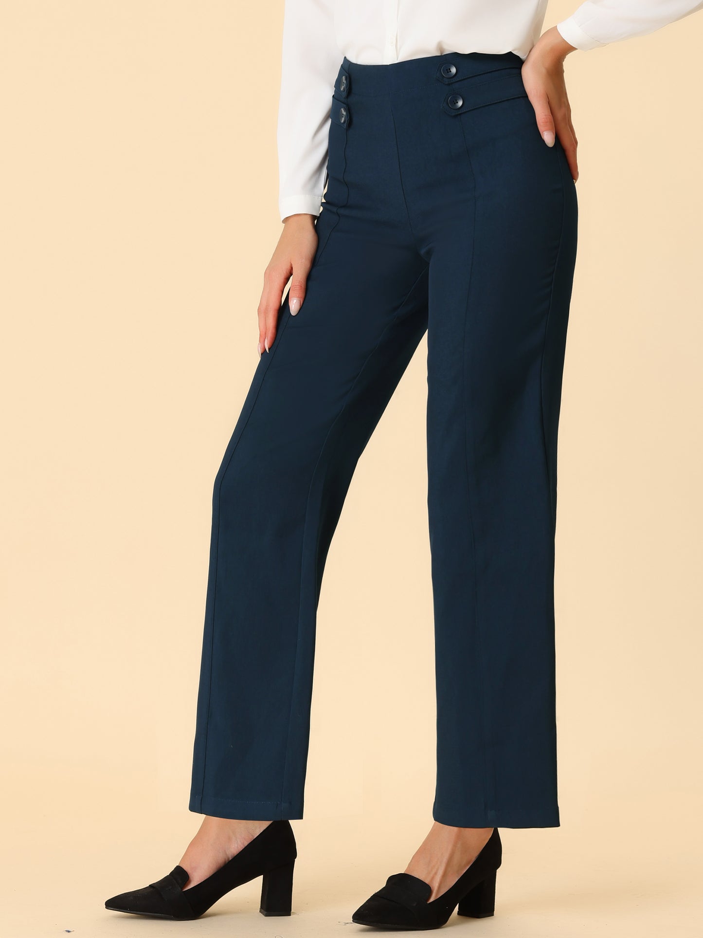 Women's High Waisted Straight Leg Pants Solid Color Business Work Trousers