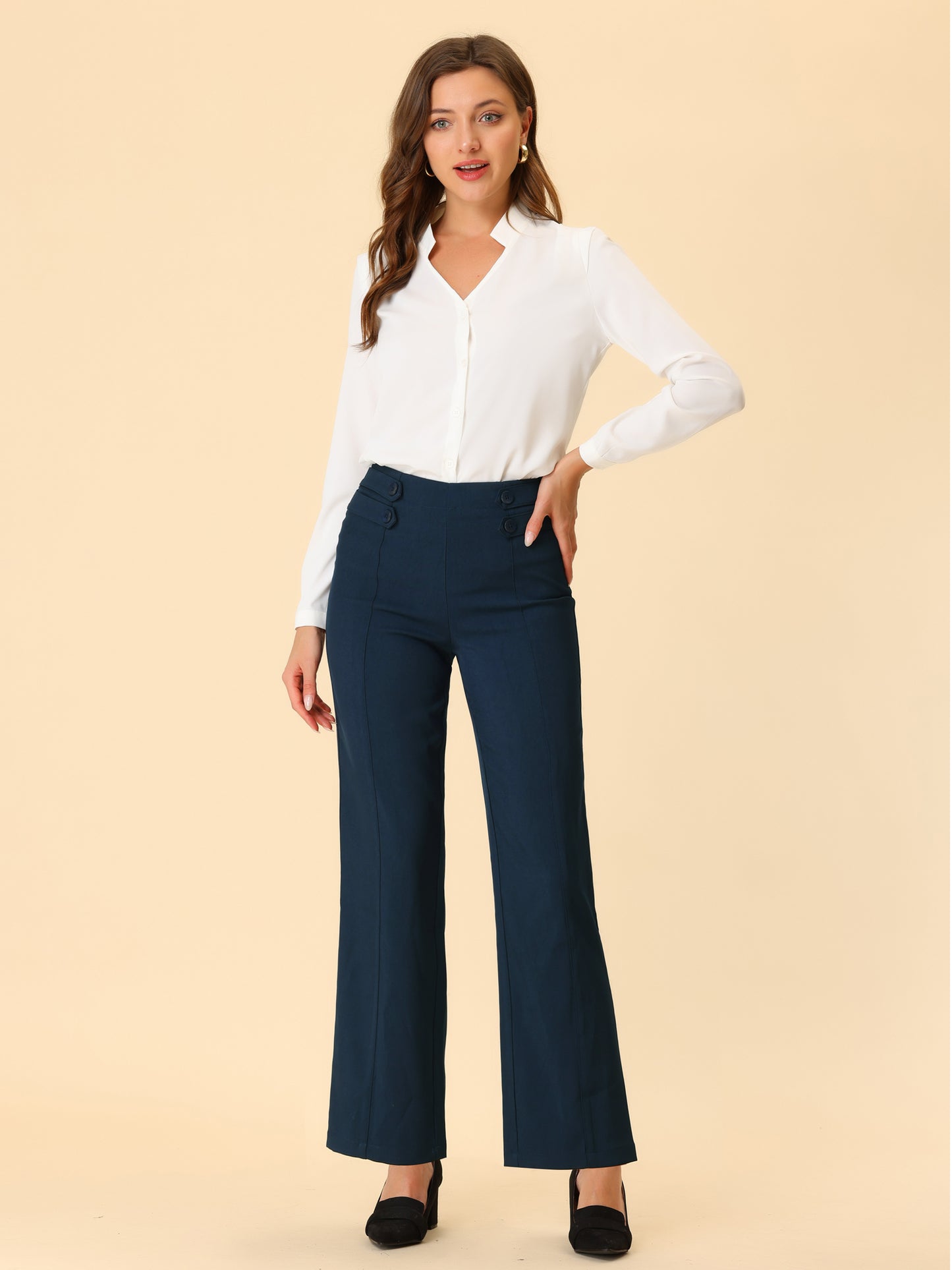 Women's High Waisted Straight Leg Pants Solid Color Business Work Trousers
