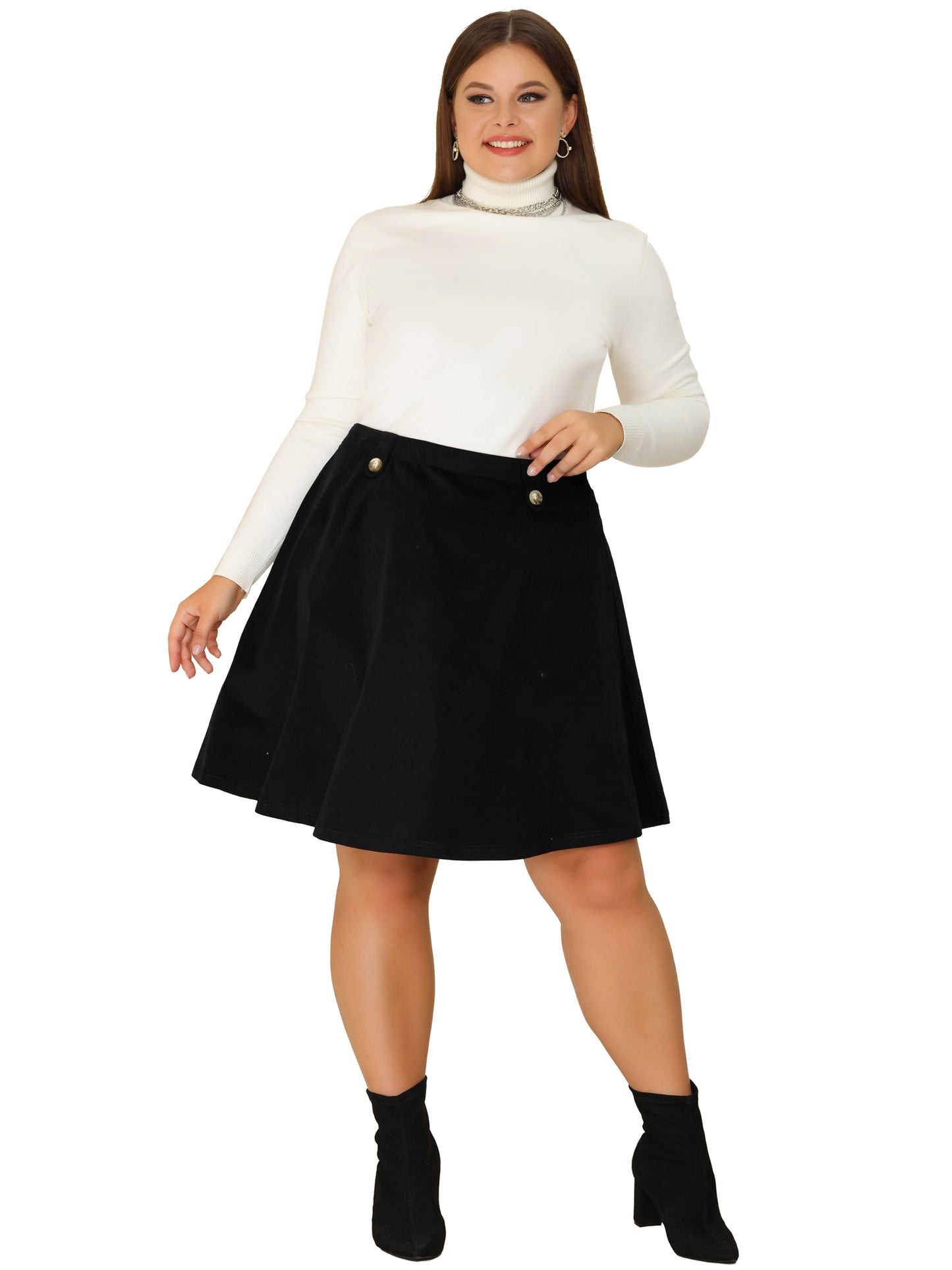 Faldas de pana retro de talla grande para mujer, con cintura elástica y botones decorativos, minifalda de corte A para otoño