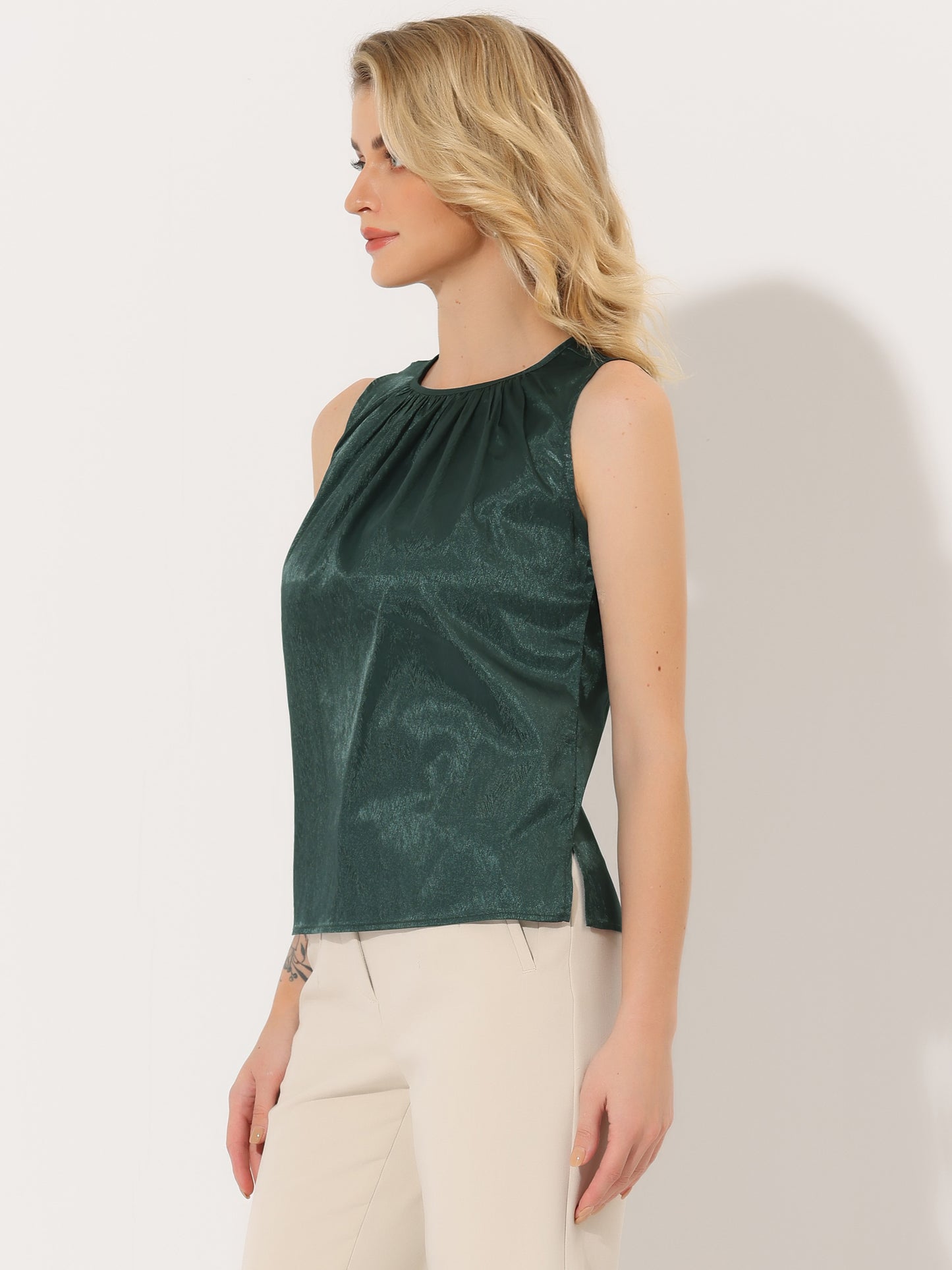 Women's Satin Sleeveless Work Office Pleated Vest Blouse Tank Top