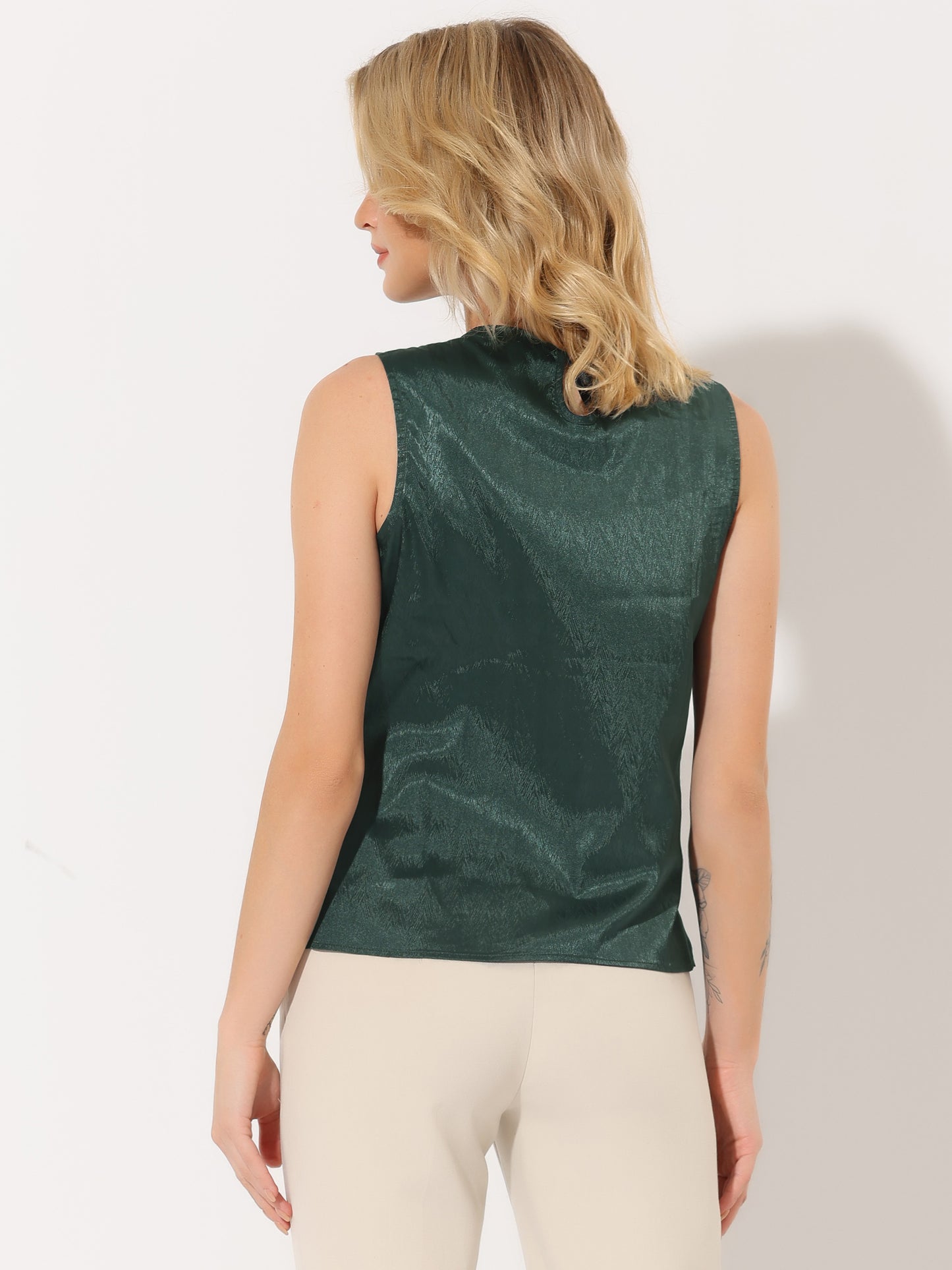 Women's Satin Sleeveless Work Office Pleated Vest Blouse Tank Top