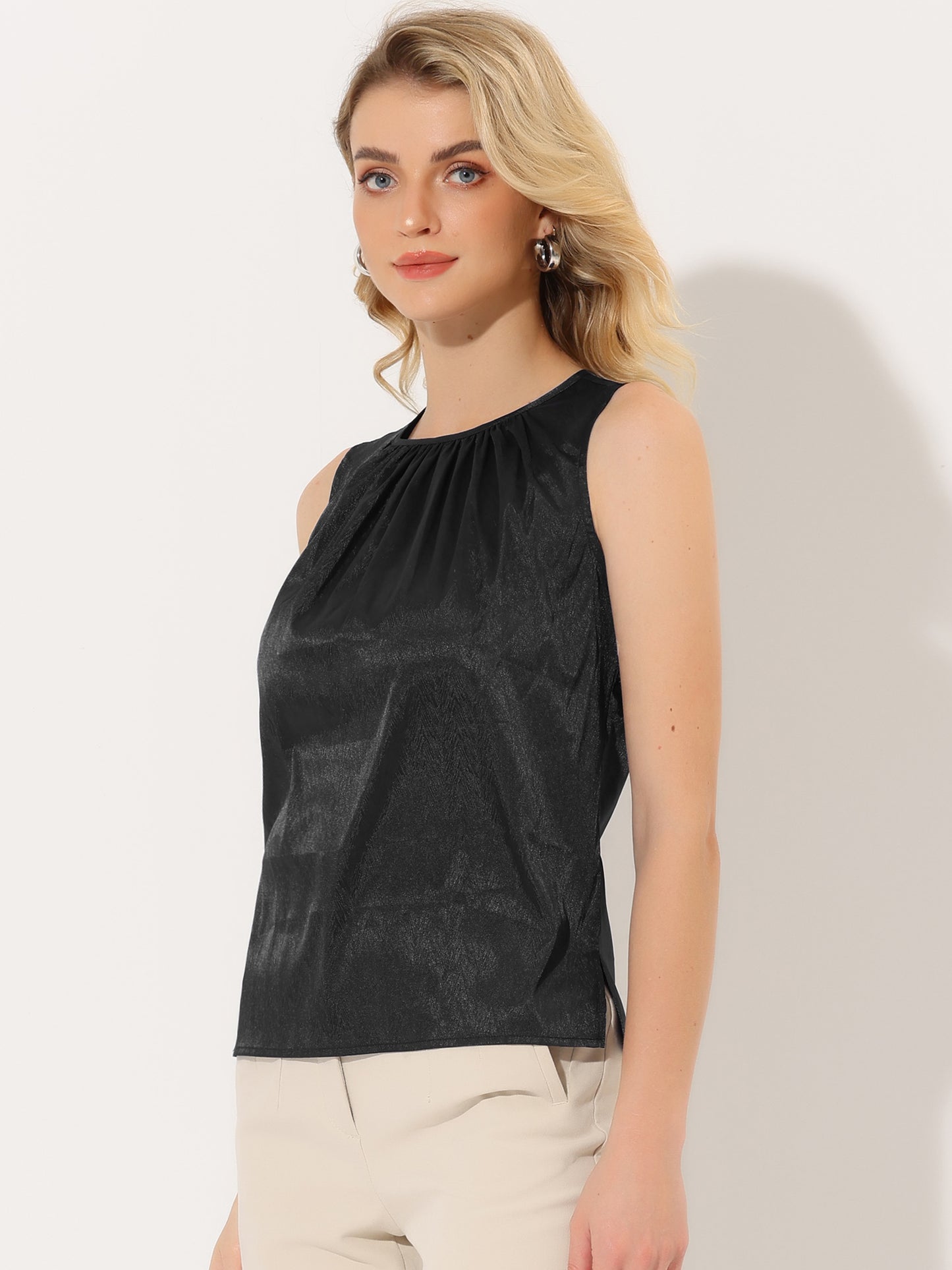 Women's Satin Sleeveless Work Office Pleated Vest Blouse Tank Top