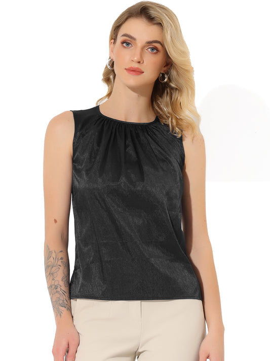 Women's Satin Sleeveless Work Office Pleated Vest Blouse Tank Top