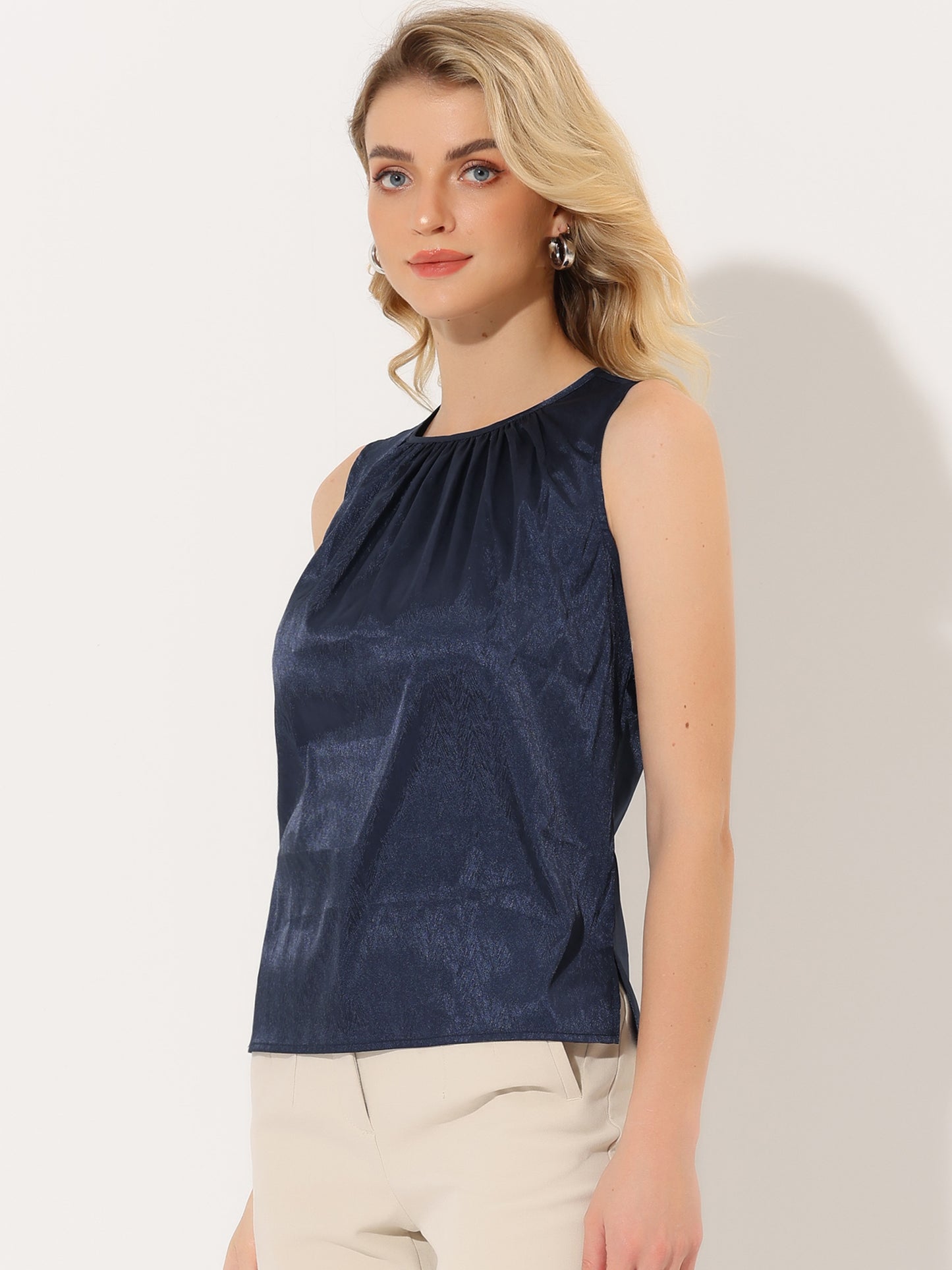 Women's Satin Sleeveless Work Office Pleated Vest Blouse Tank Top