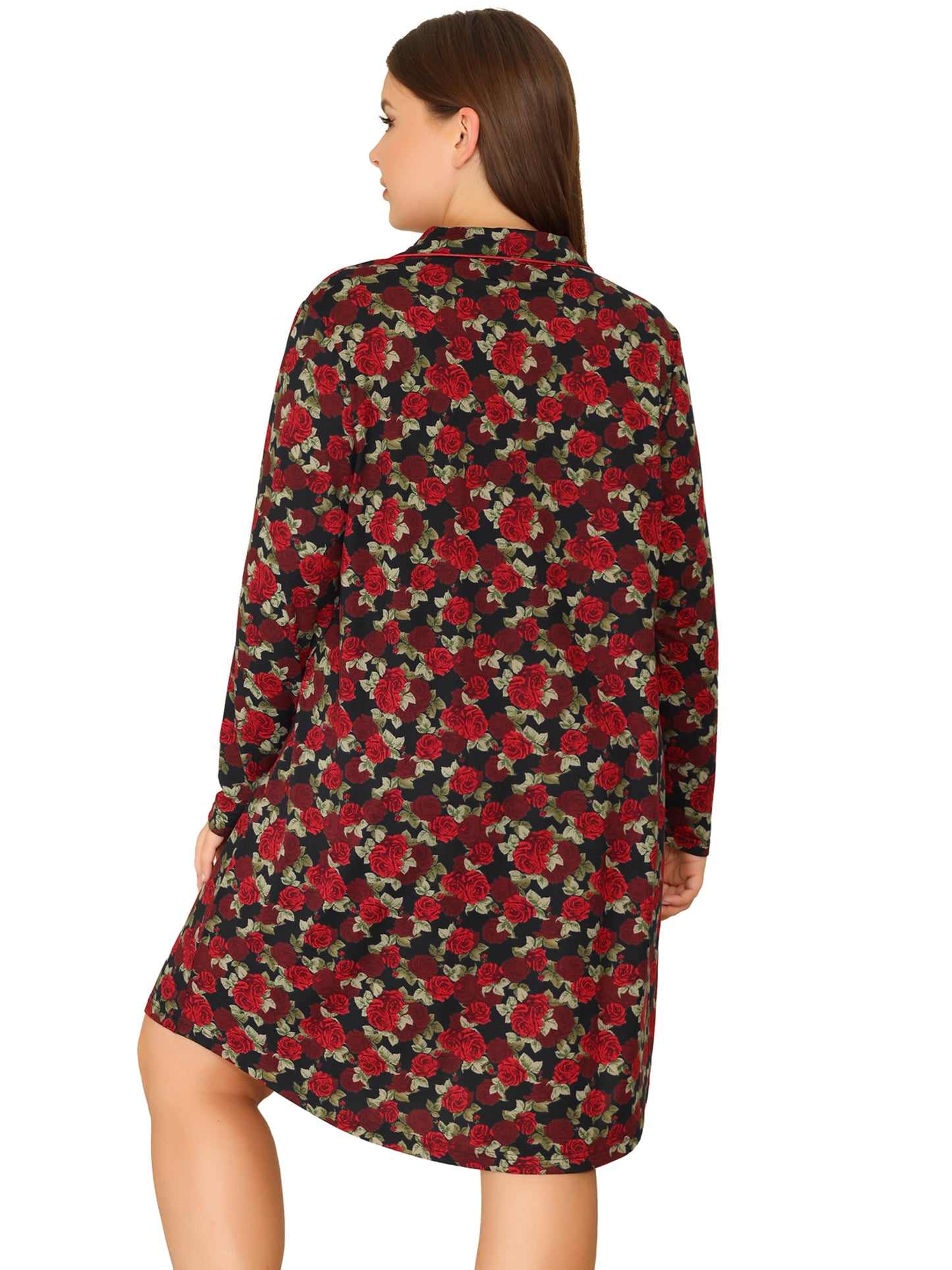 Women Plus Size Sleepwear Floral Notched Lapel Button Up Nightgown
