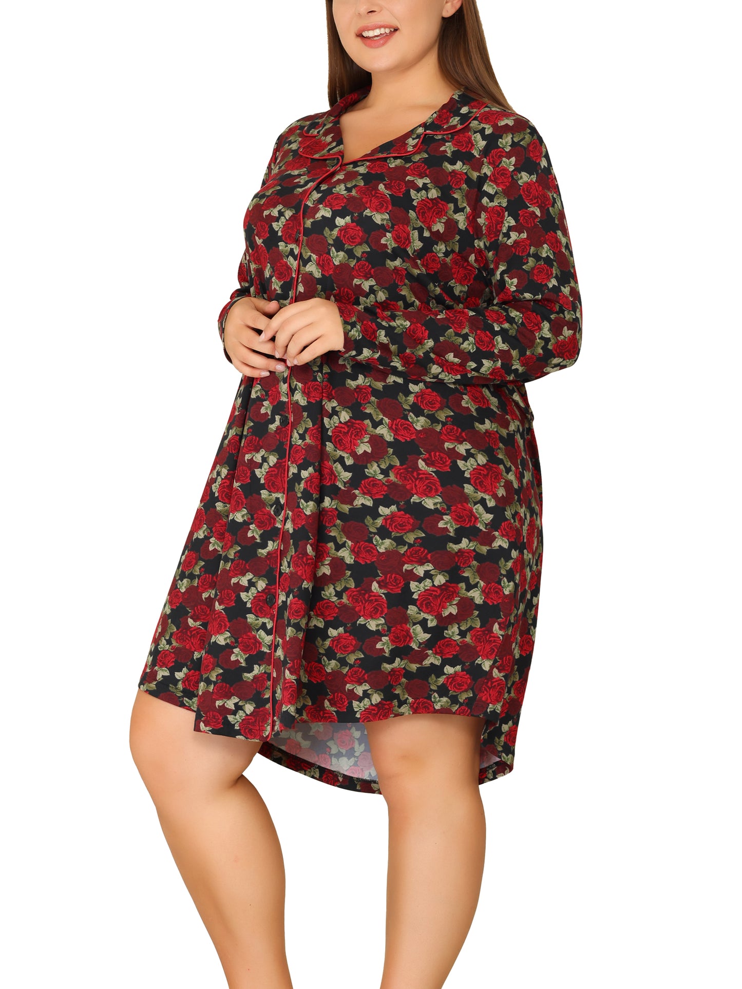 Women Plus Size Sleepwear Floral Notched Lapel Button Up Nightgown