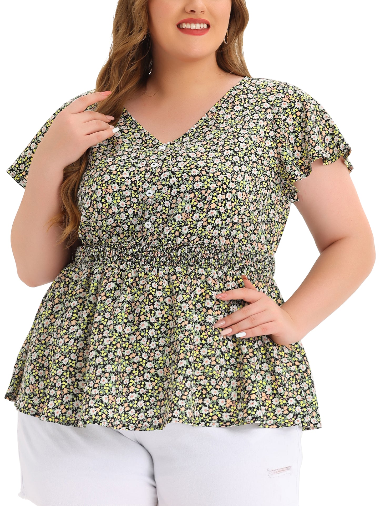 Women Plus Size Blouses Button V Neck Smocked Waist Flare Short Sleeve Peplum Floral Top