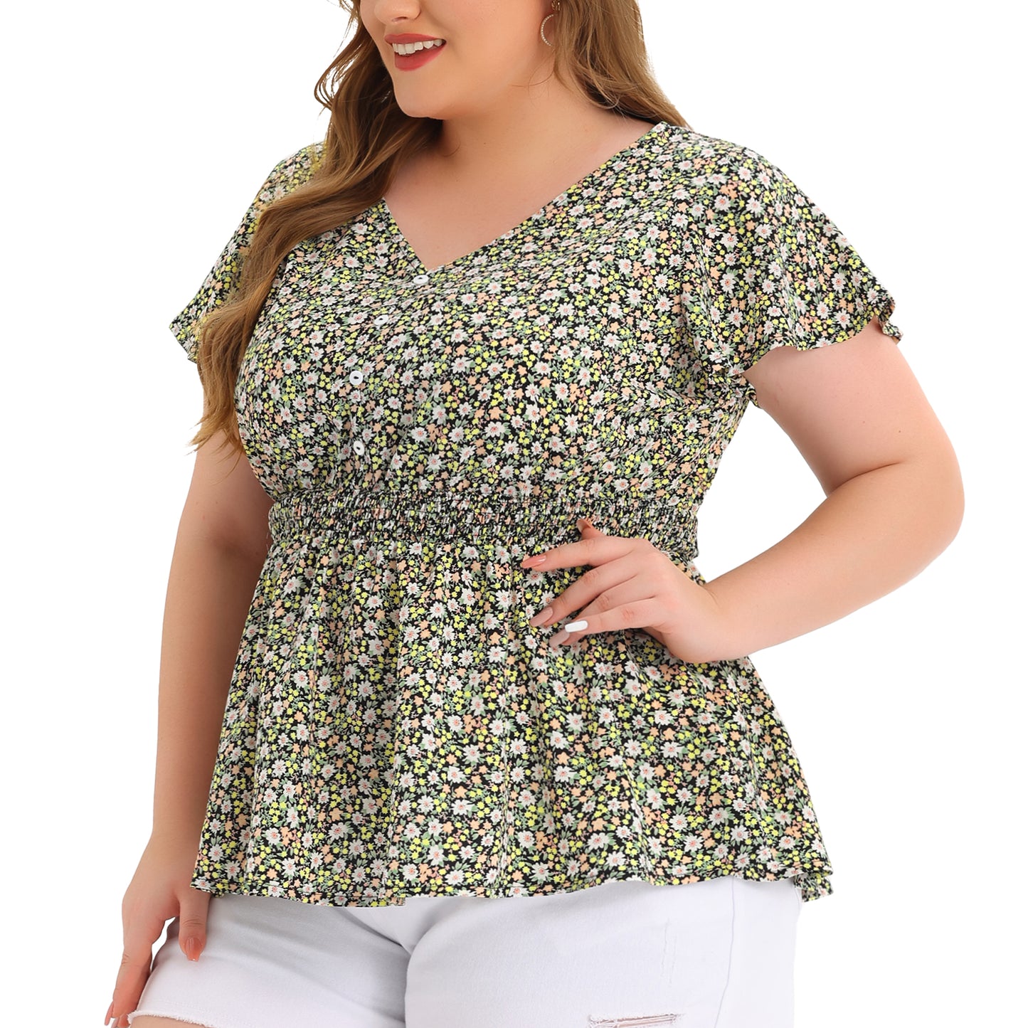 Women Plus Size Blouses Button V Neck Smocked Waist Flare Short Sleeve Peplum Floral Top