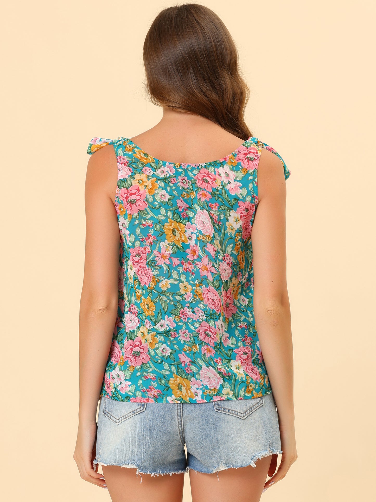 Women's Chiffon Floral Sleeveless Bow Tie Straps Boho Peasant Casual Vest Tank Top