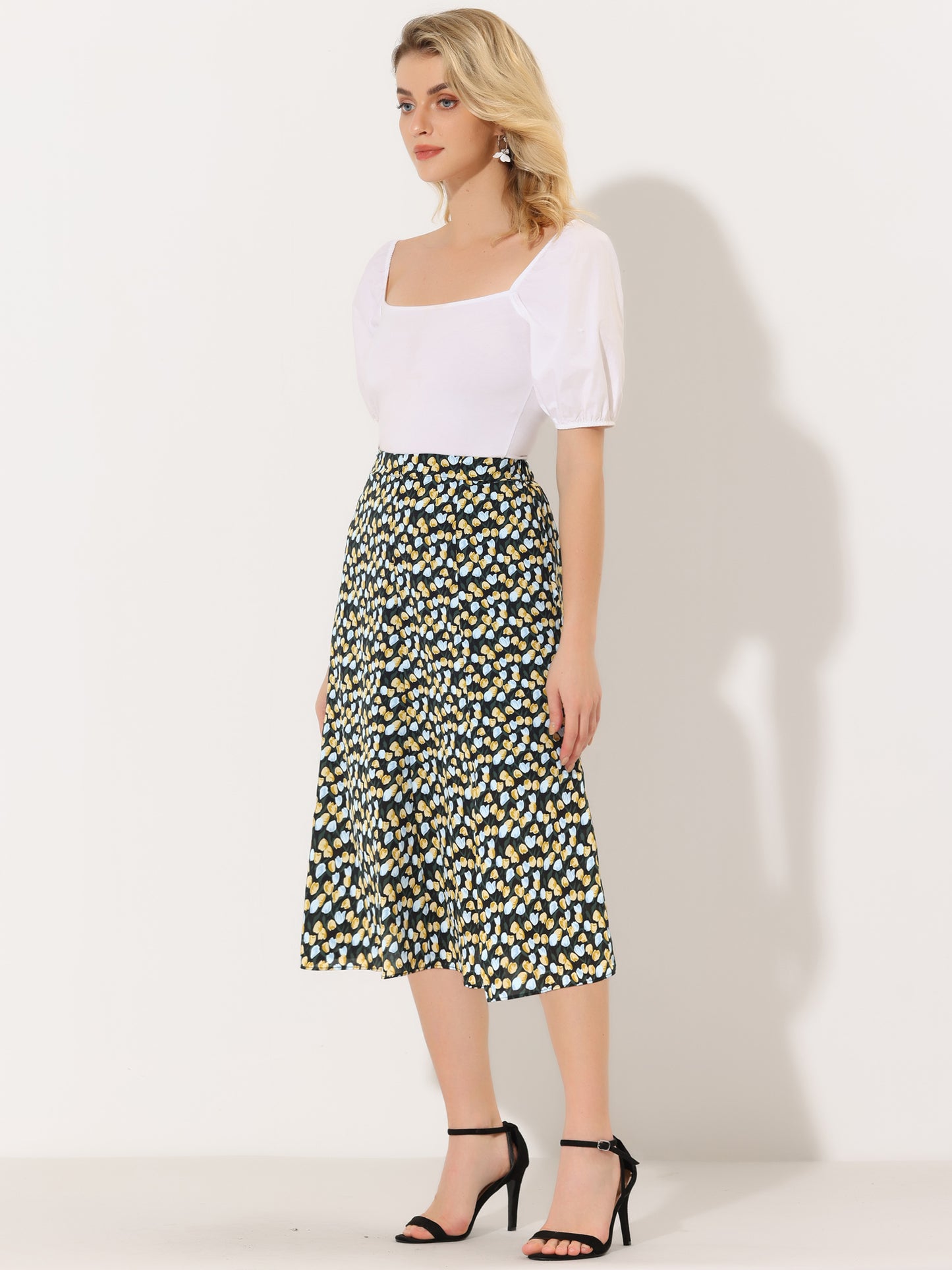 Women's Floral Midi Skirt Peasant Elastic Waist A-Line Ditsy Printed Skirts