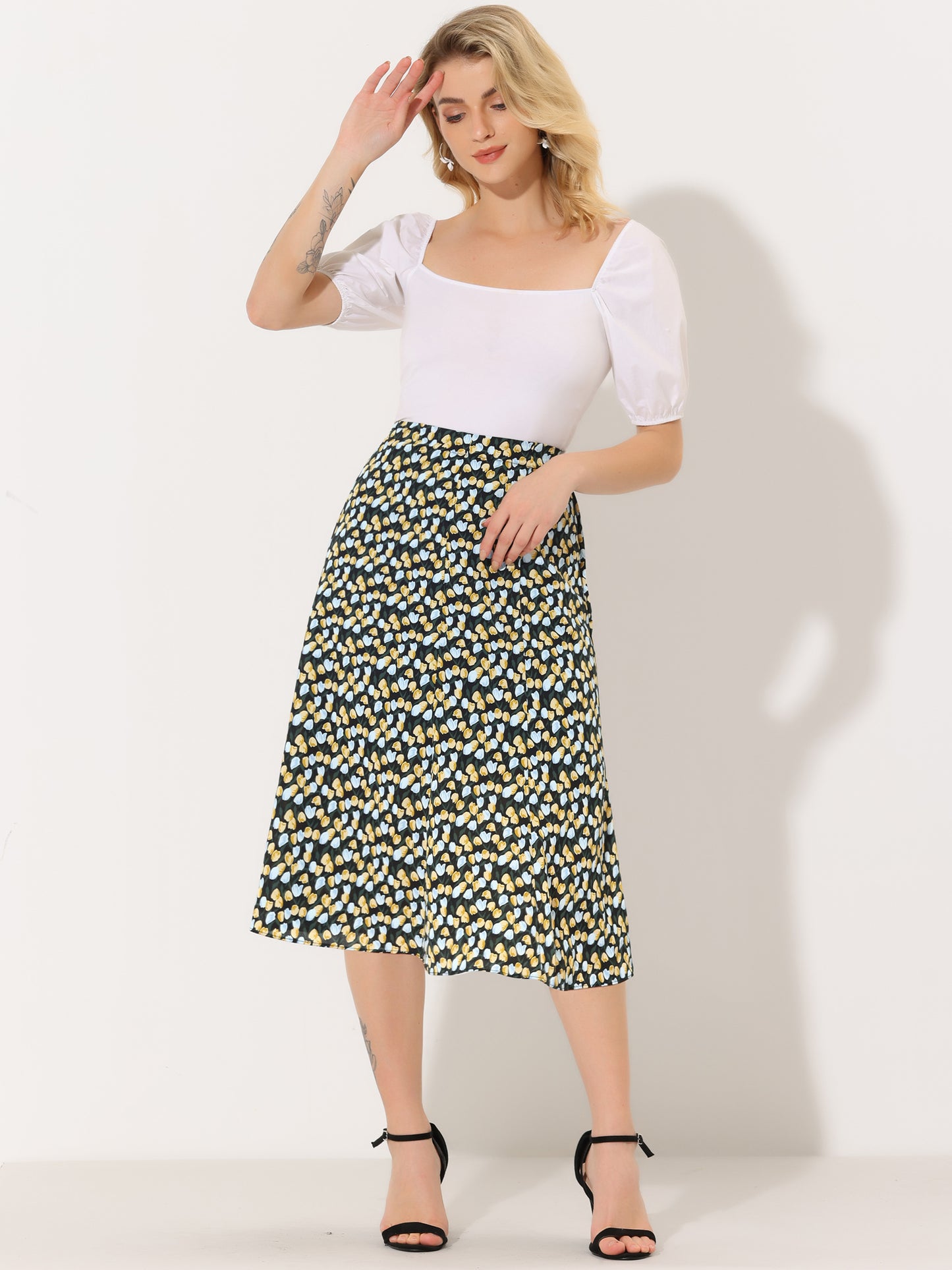 Women's Floral Midi Skirt Peasant Elastic Waist A-Line Ditsy Printed Skirts