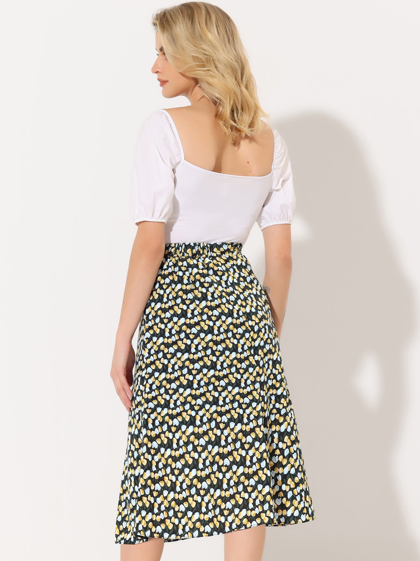 Women's Floral Midi Skirt Peasant Elastic Waist A-Line Ditsy Printed Skirts