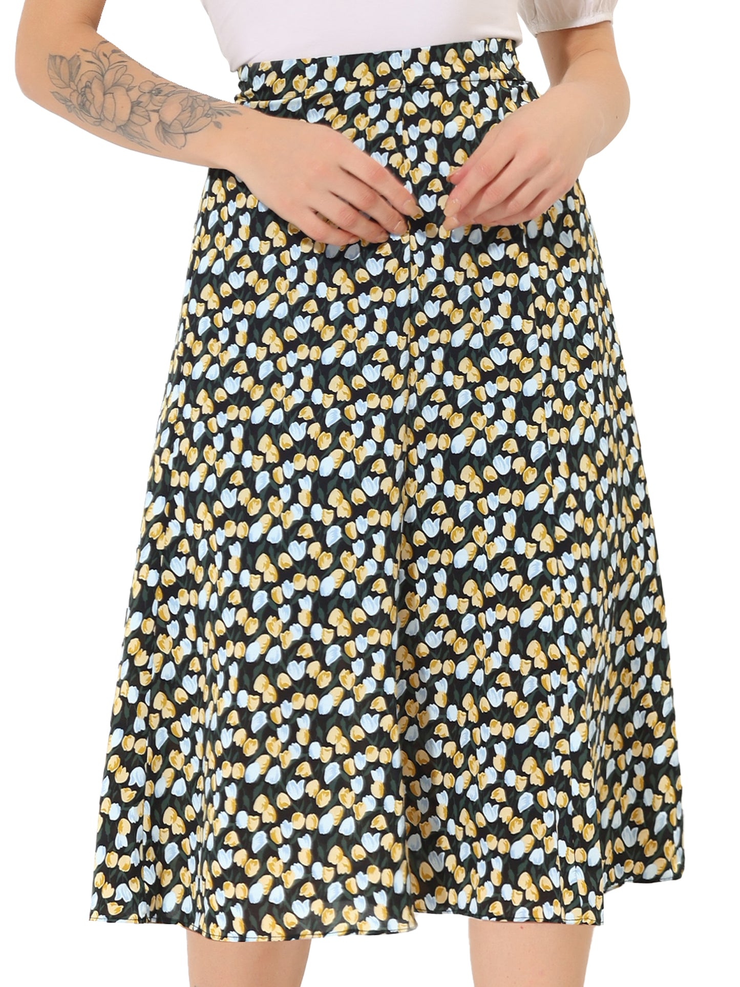 Women's Floral Midi Skirt Peasant Elastic Waist A-Line Ditsy Printed Skirts