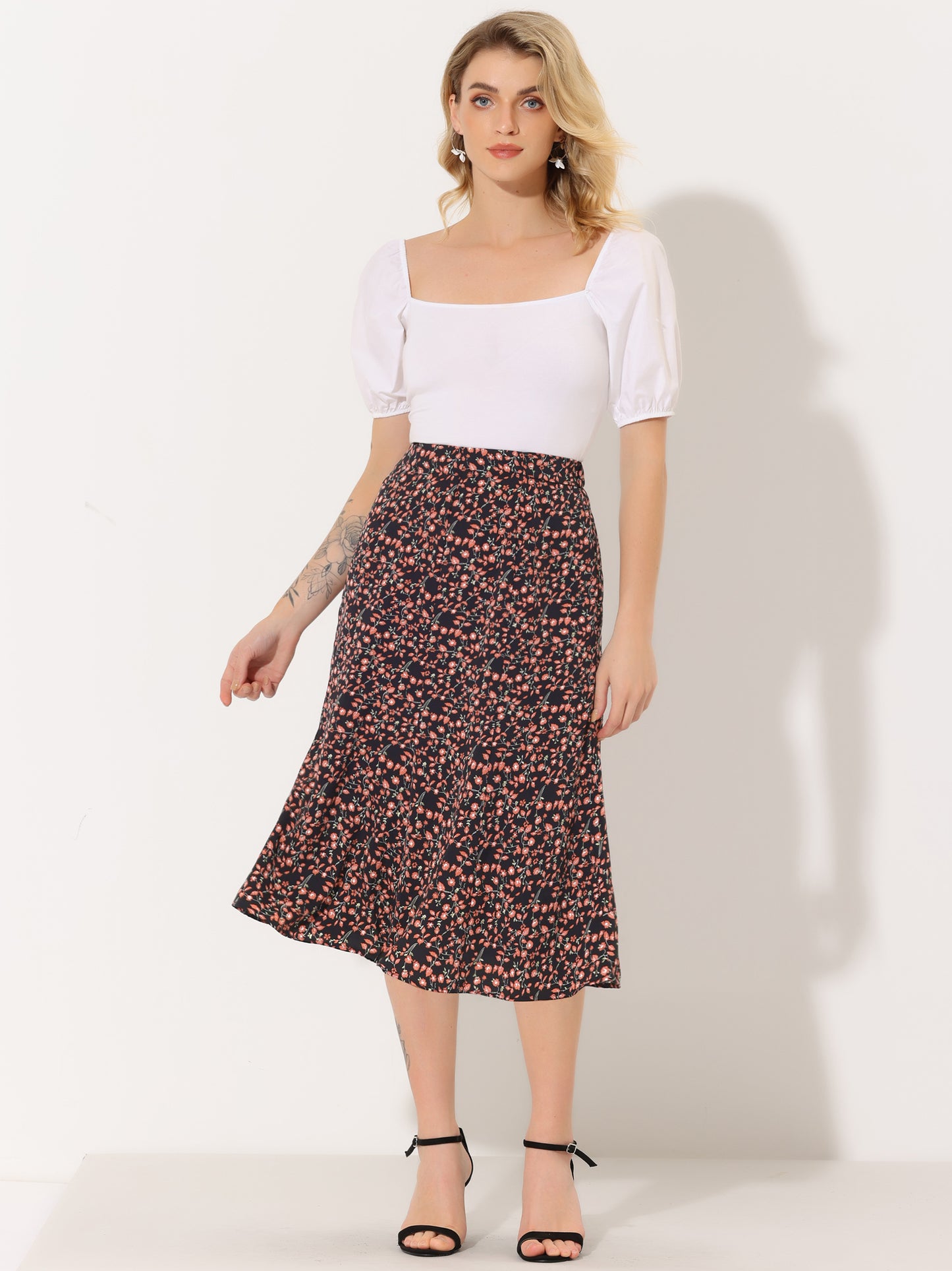 Women's Floral Midi Skirt Peasant Elastic Waist A-Line Ditsy Printed Skirts