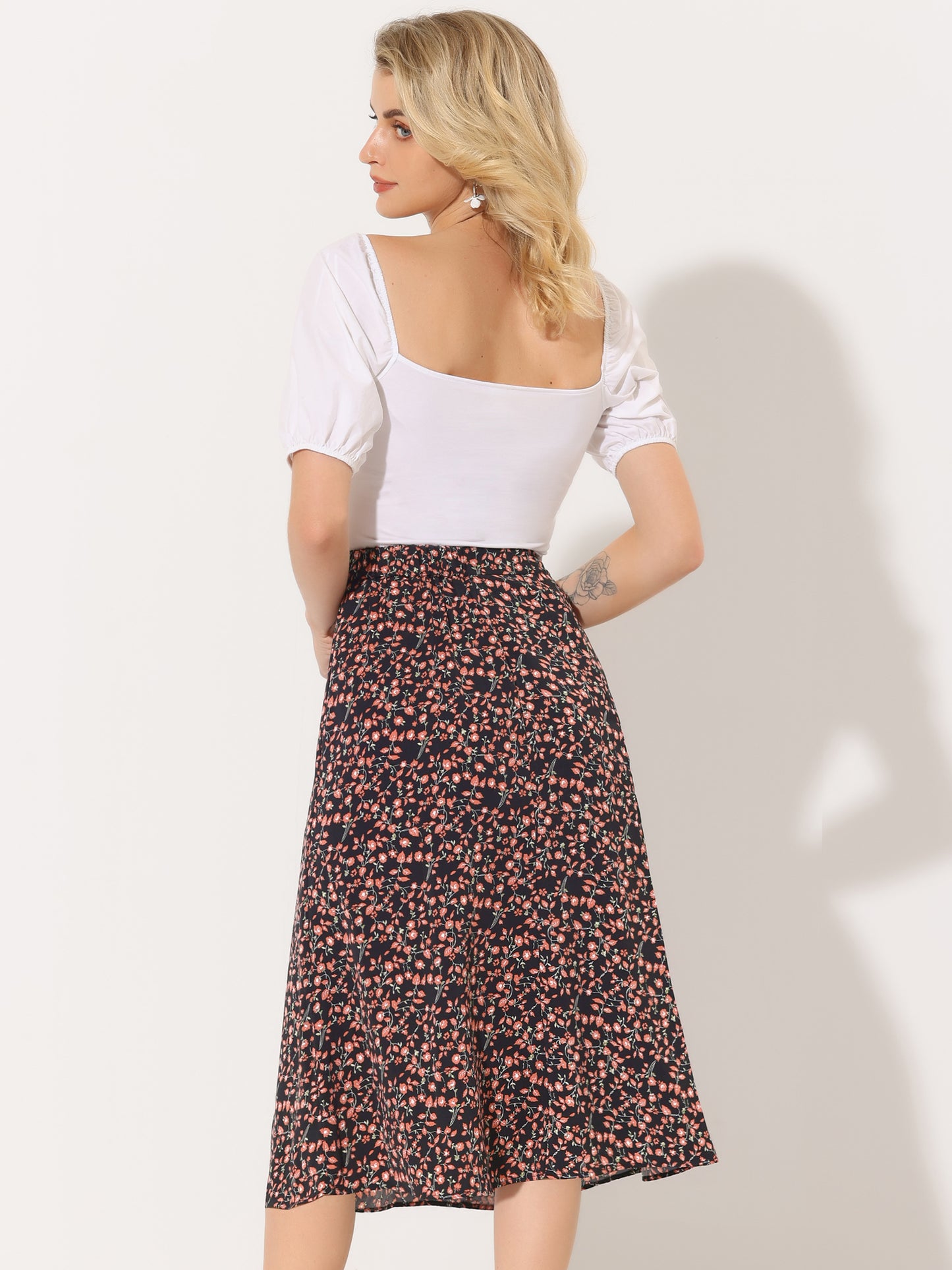 Women's Floral Midi Skirt Peasant Elastic Waist A-Line Ditsy Printed Skirts