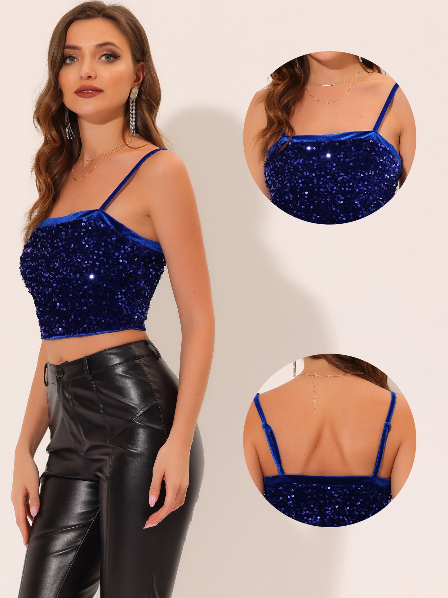 Top corto de tirantes finos de terciopelo con lentejuelas para mujer para fiesta en club