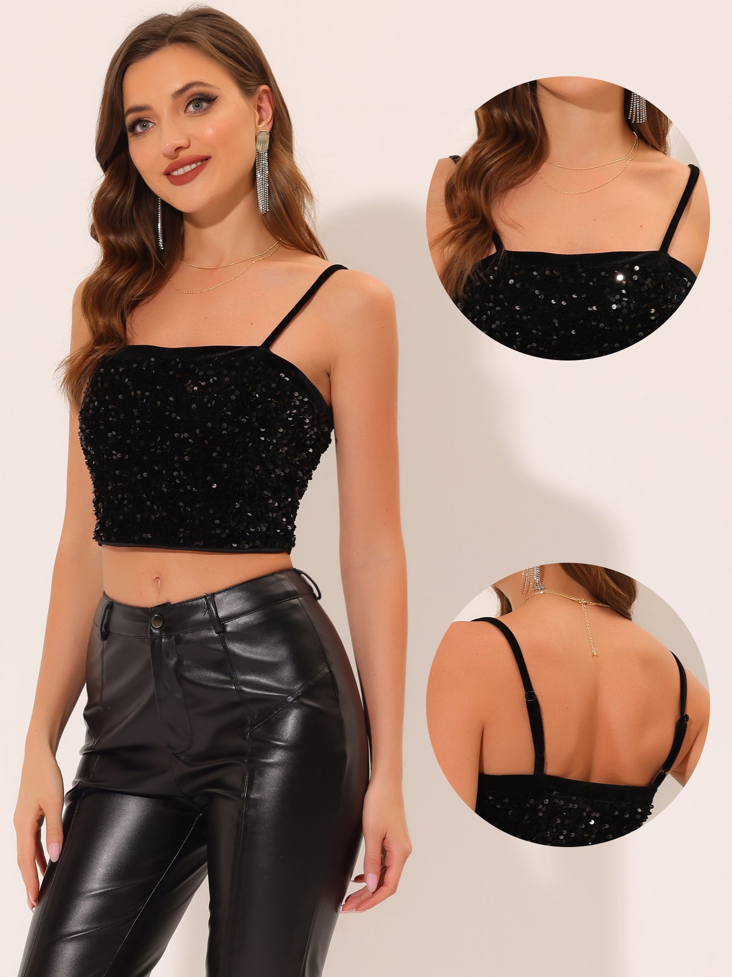 Top corto de tirantes finos de terciopelo con lentejuelas para mujer para fiesta en club