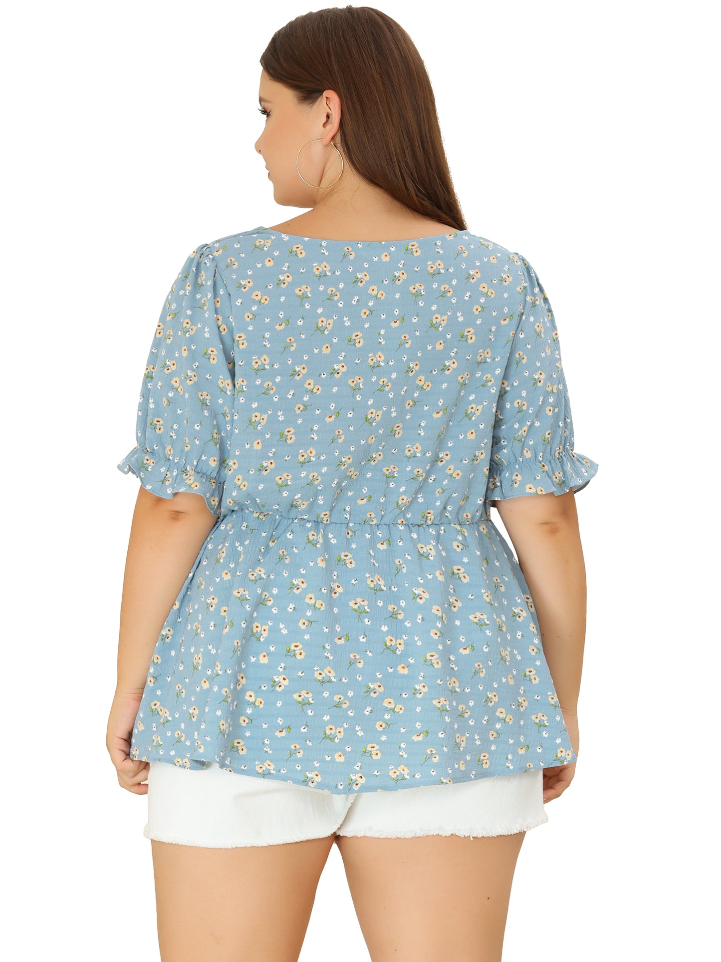 Women Plus Size Blouse Sweetheart Neck Floral Peplum Top