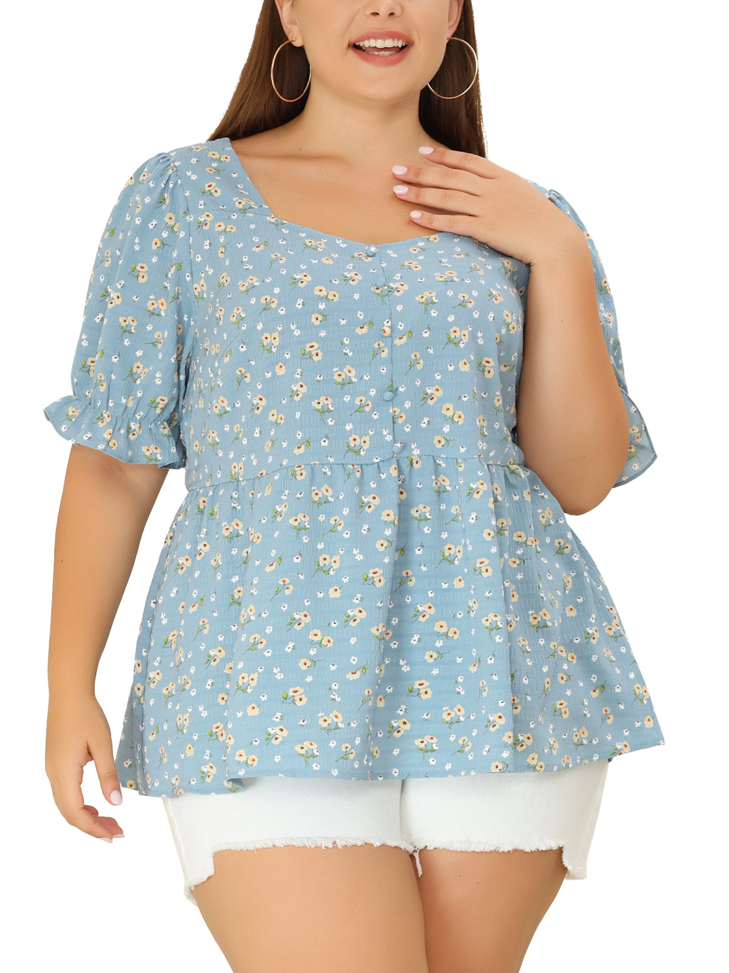 Women Plus Size Blouse Sweetheart Neck Floral Peplum Top