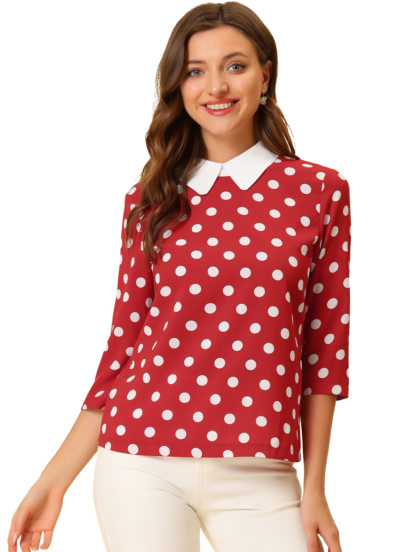 Women's Polka Dots Contrast Peter Pan Collar Top 3/4 Sleeves Blouse Shirt