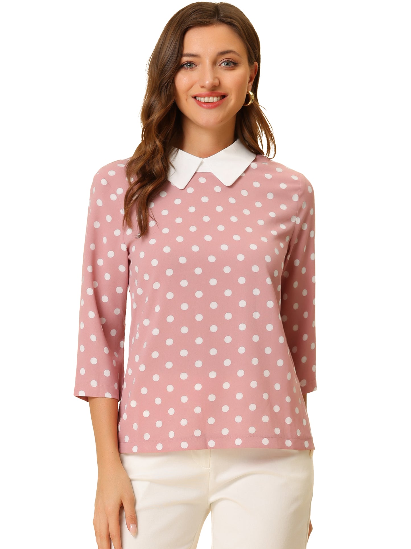 Women's Polka Dots Contrast Peter Pan Collar Top 3/4 Sleeves Blouse Shirt