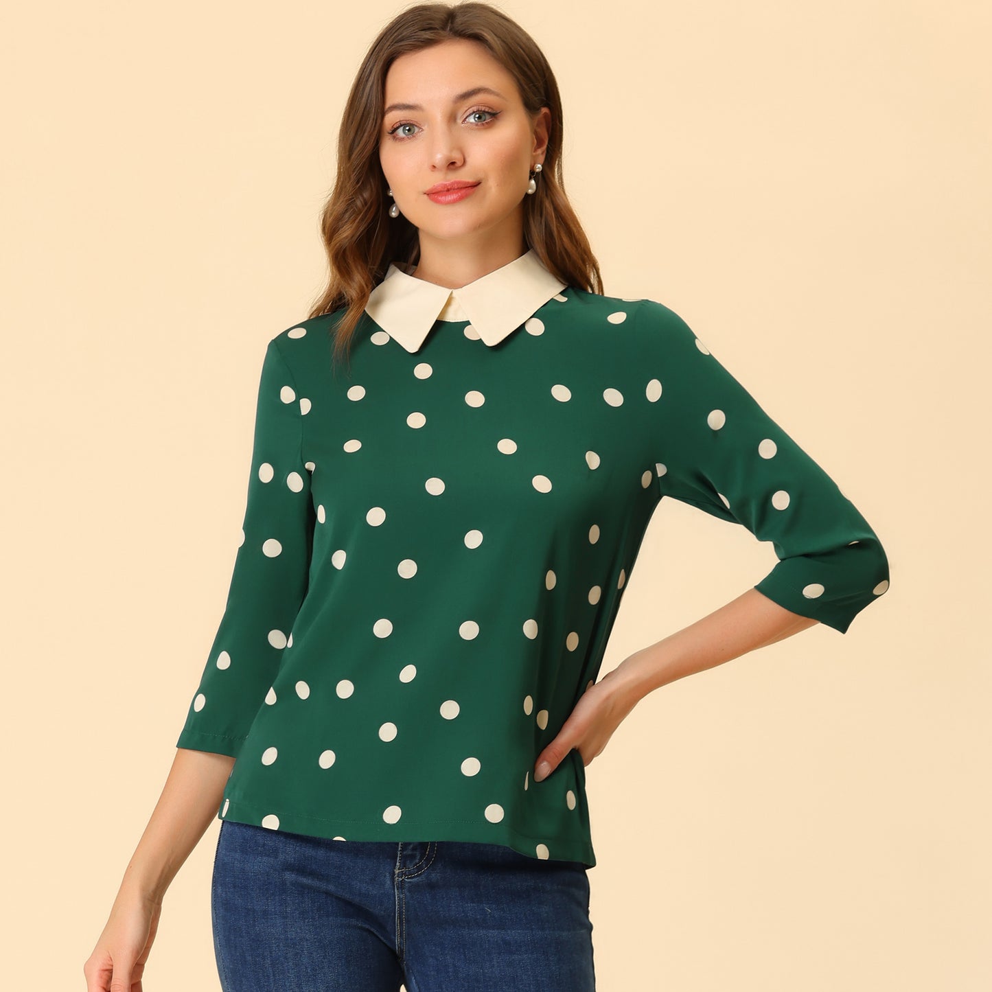 Women's Polka Dots Contrast Peter Pan Collar Top 3/4 Sleeves Blouse Shirt