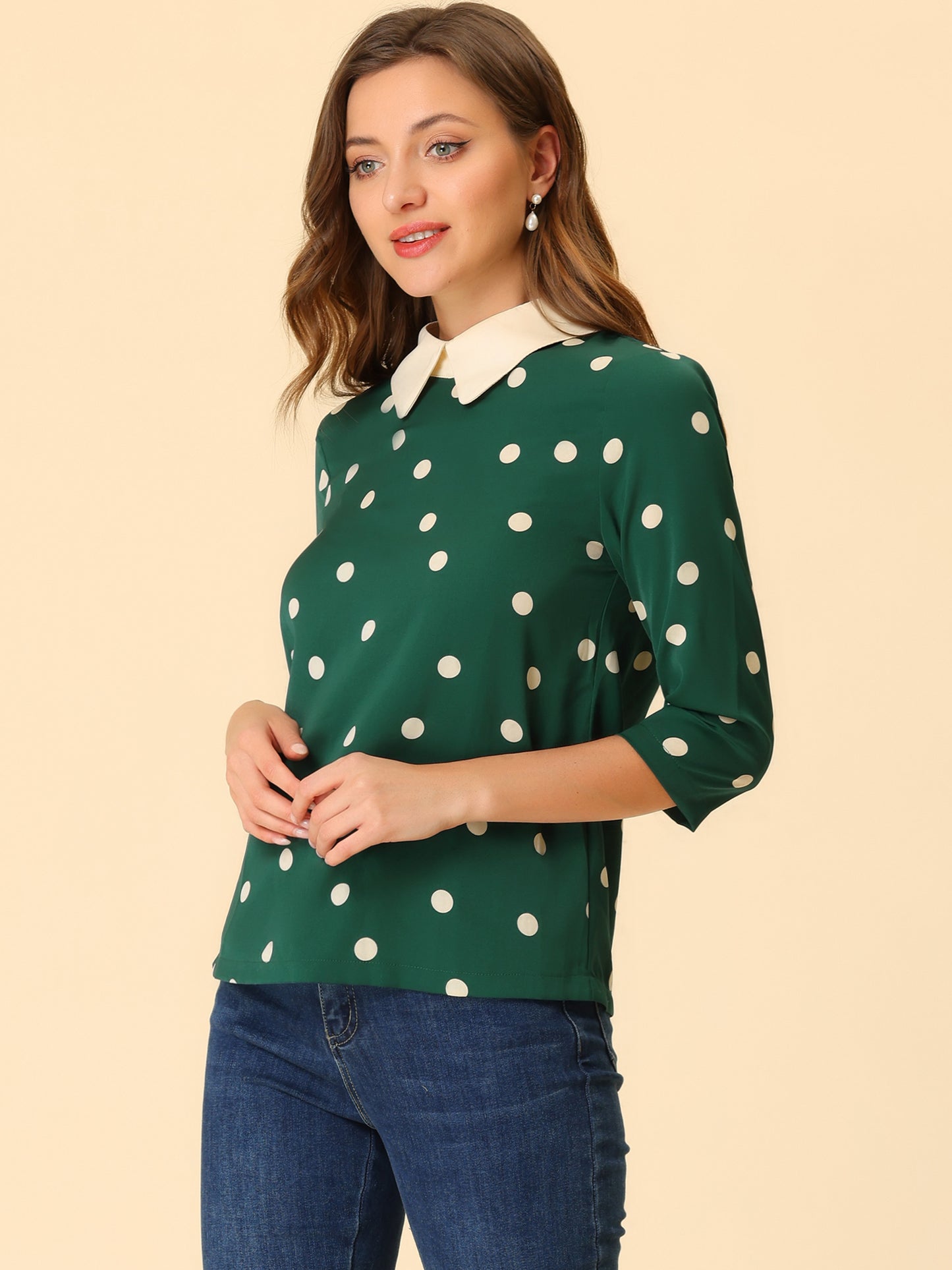 Women's Polka Dots Contrast Peter Pan Collar Top 3/4 Sleeves Blouse Shirt